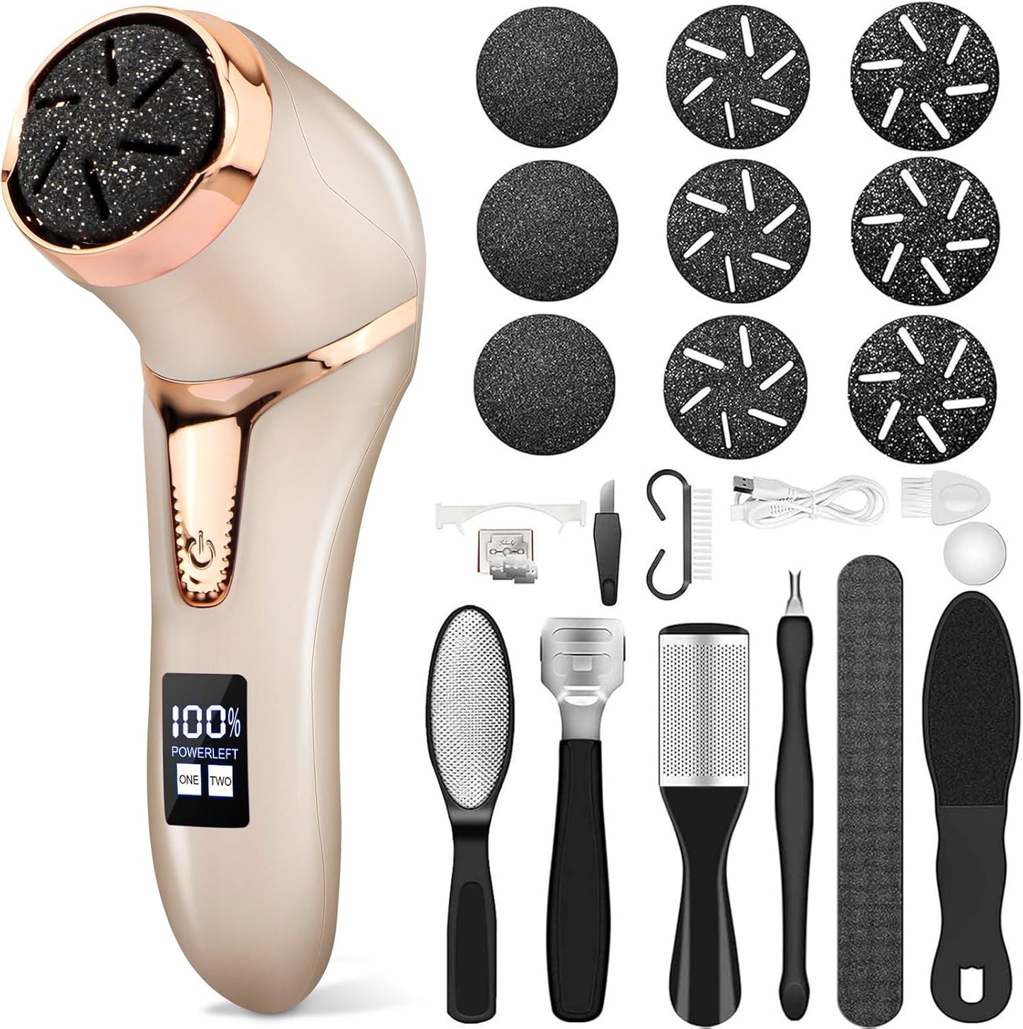 Electric Callus Remover for Feet, Portable Pedicure Kit Foot File Callus Remover, Rechargeable Waterproof Foot File for Foot Care Deadskin Remover with 9Head&LCD Display, Gold