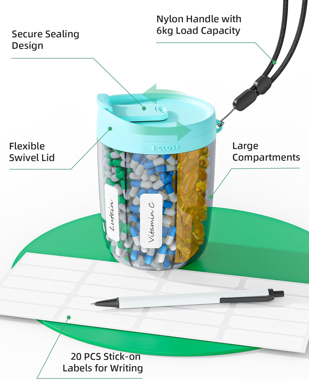 PULIV Large Supplement Organizer Bottle, Holds Plenty of 6 Various Vitamins in 1 Pill Dispenser with Anti-Mixing & Wide Openings Design, Easy to Retrieve Meds, Includes 20 Pcs Stick-on Labels Cyan