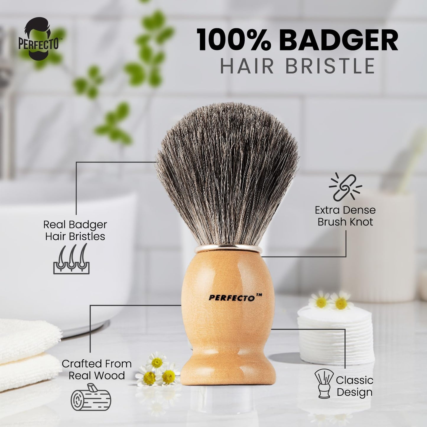 Perfecto 100% Original Pure Badger Shaving Brush, Engineered for The Best Fathers Day Gift. All Methods, Safety Razor, Double Edge Razor, Straight Razor, Shaving Razor, Gift for Dad Badger Brush.