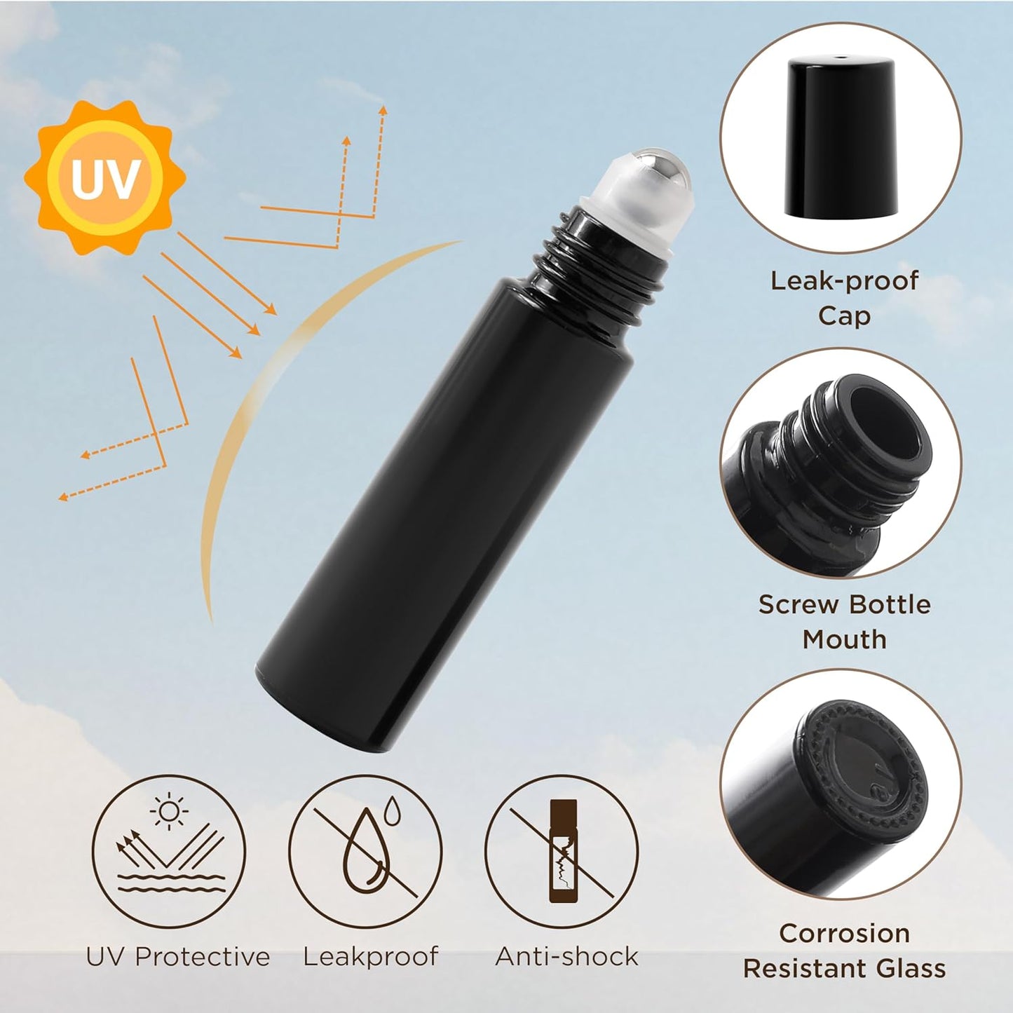 Essential Oil Roller Bottles, 10ml Thick Glass Perfume Roller Bottles with Funnel Opener and Dropper Colored Glass Empty Bottles with Stainless Steel Roller Balls (Black, 4 Pack)