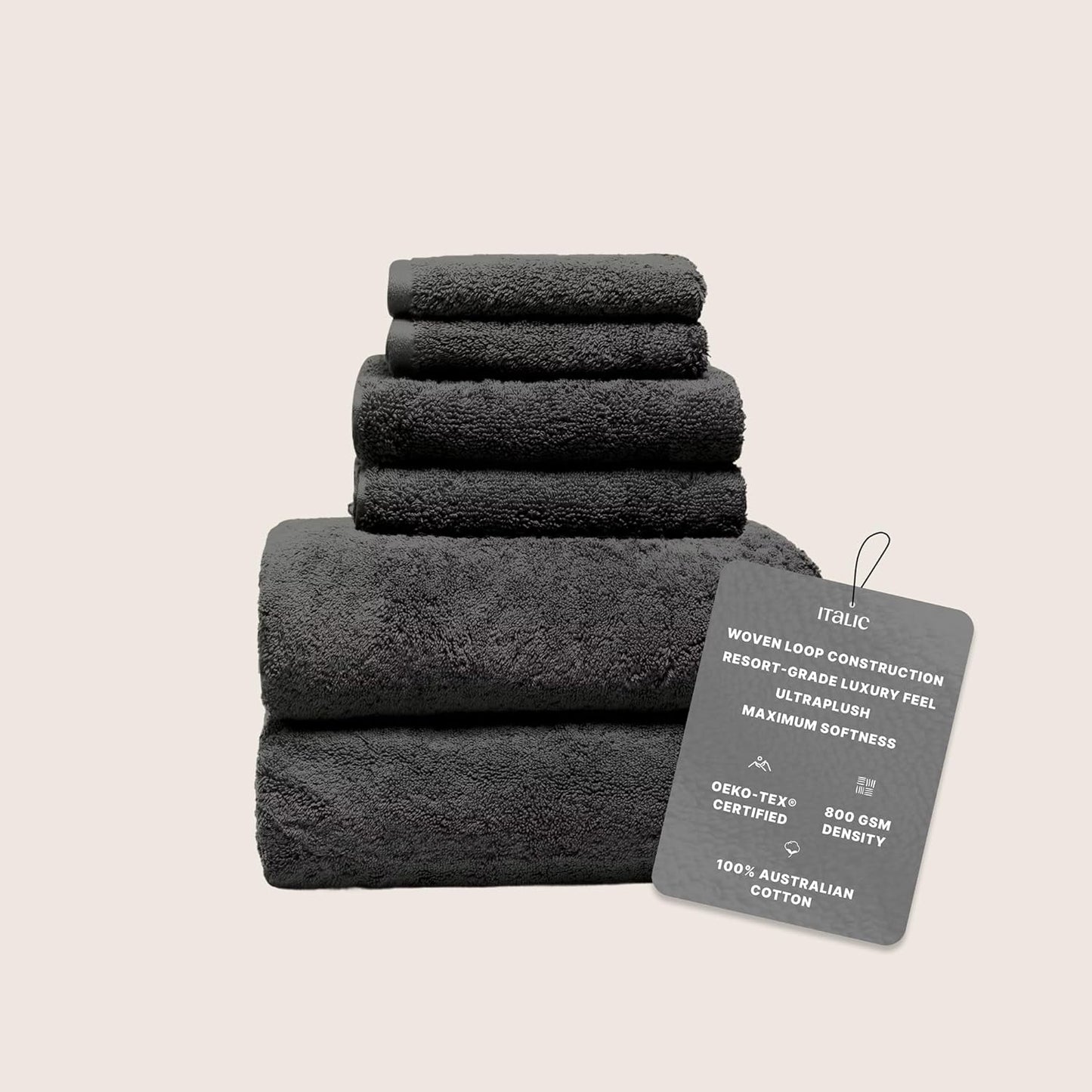 Italic Ultraplush 100% Australian Cotton Towels Standard 6 Piece Set, 2 Bath, 2 Hand, 2 Washcloths, 800GSM Lightweight, Highly Absorbent & Quick Dry Soft Resort Grade Towels (Charcoal)