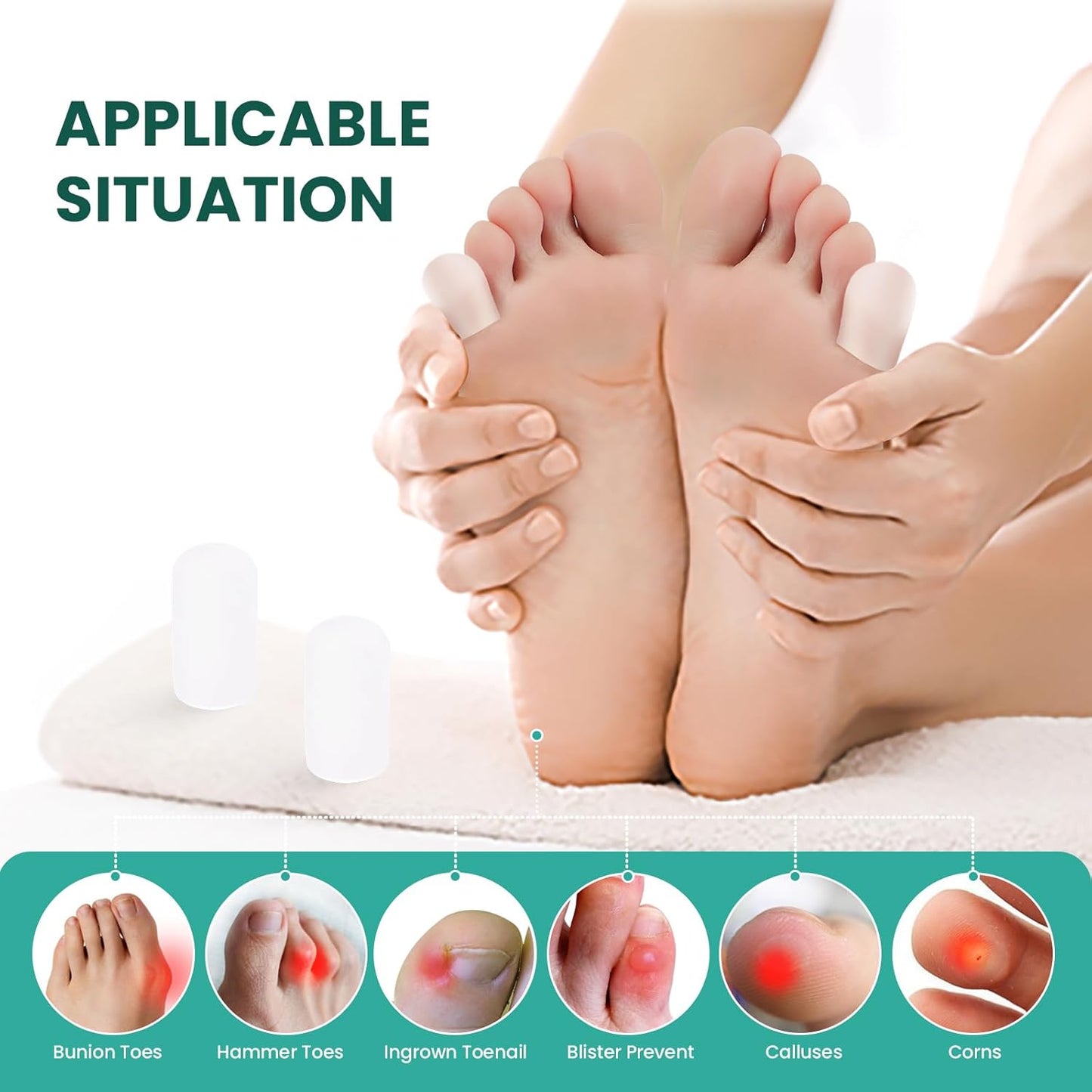 Welnove Gel Toe Cap and Protector - Silicone Toe Covers - Toe Cushions for Pain Relief, Missing or Ingrown Toenails, Corns, Calluses, Blisters - Infused Aloe Vera Extract (8 Small, Clear)