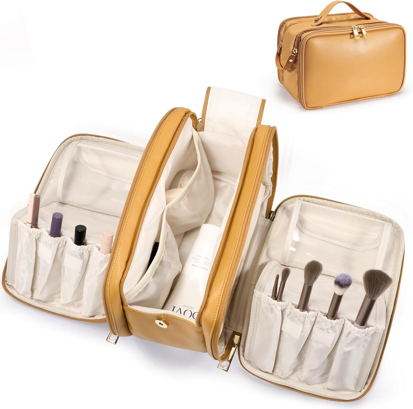 Travel Makeup Bag Women's Large Capacity Cosmetic Portable Organizer Large Opening Waterproof Storage Toiletry Bags Vertical Free-Standing Brush Holder for Easy Access Orange