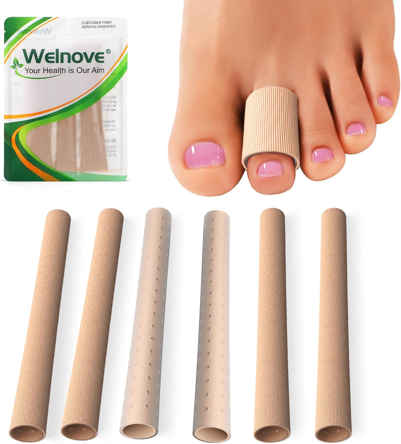 Welnove Toe Tubes Sleeves Protectors - 6 Pack Toe Cushions for Pain Relief - Fabric & Breathable Gel Lining Toe Protectors for Corns, Calluses, Blisters (Medium Size)