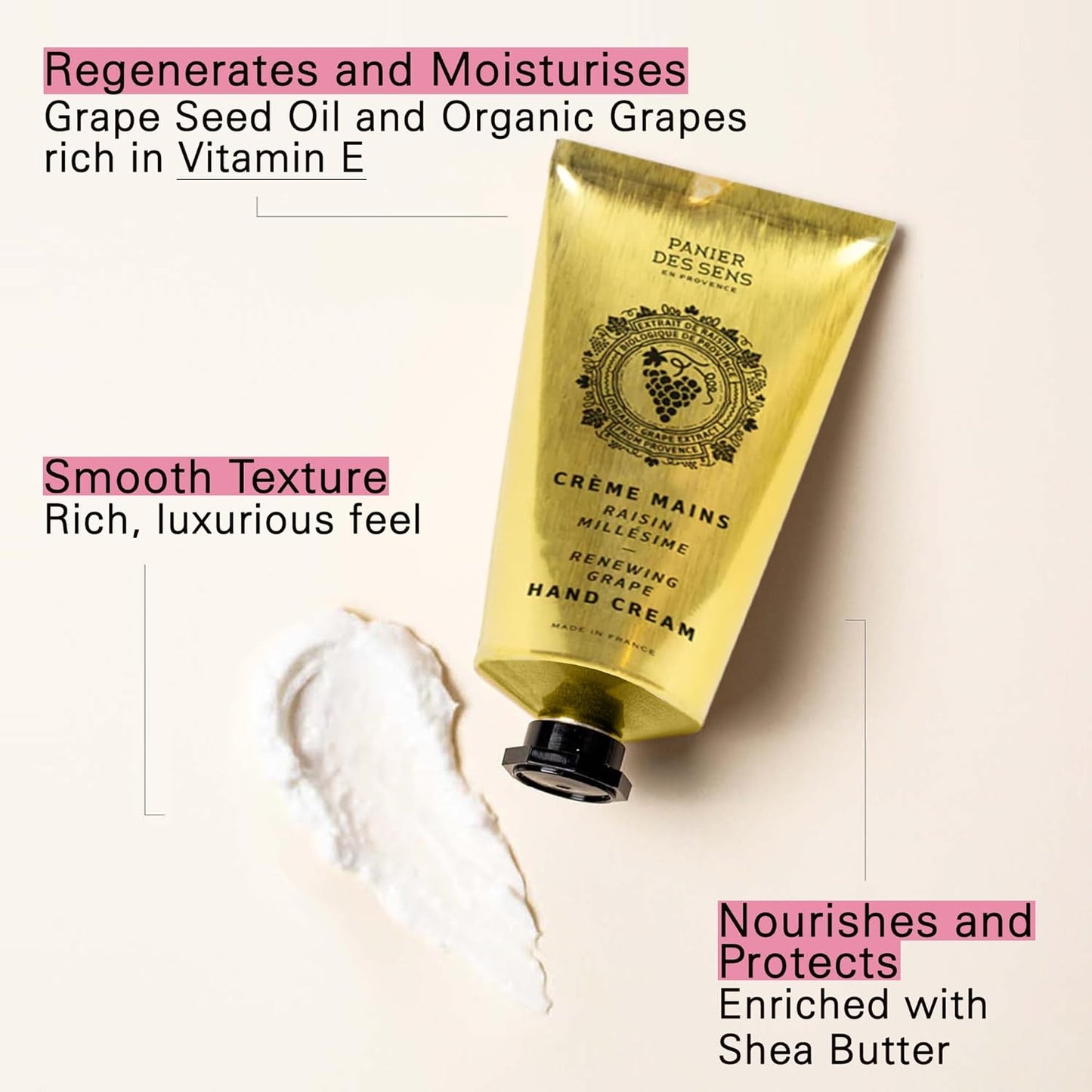 Panier des Sens - Hand Cream for Dry Cracked Hands - Grape Hand Lotion with Shea Butter & Grape Seed Oil - Vitamin E Skin Moisturizer with 97% Natural Ingredients - Made in France, 2.5 fl oz