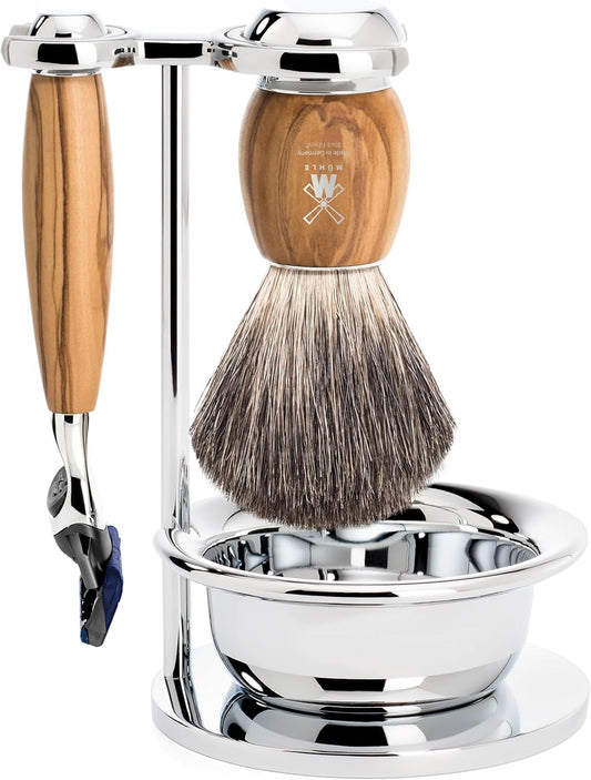 MÜHLE VIVO Olive Wood 4-Piece Pure Badger 5-Blade Razor Shaving Set