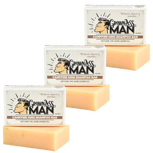 Grown Ass Man Co. - Solid Shampoo Bar Rich Lather 3 in 1: Hair, Beard & Body Wash - Plastic Free & Eco-Friendly, Natural & Organic Clean for All Hair Types, 4oz Bar (Campfire King, 3-Pack)