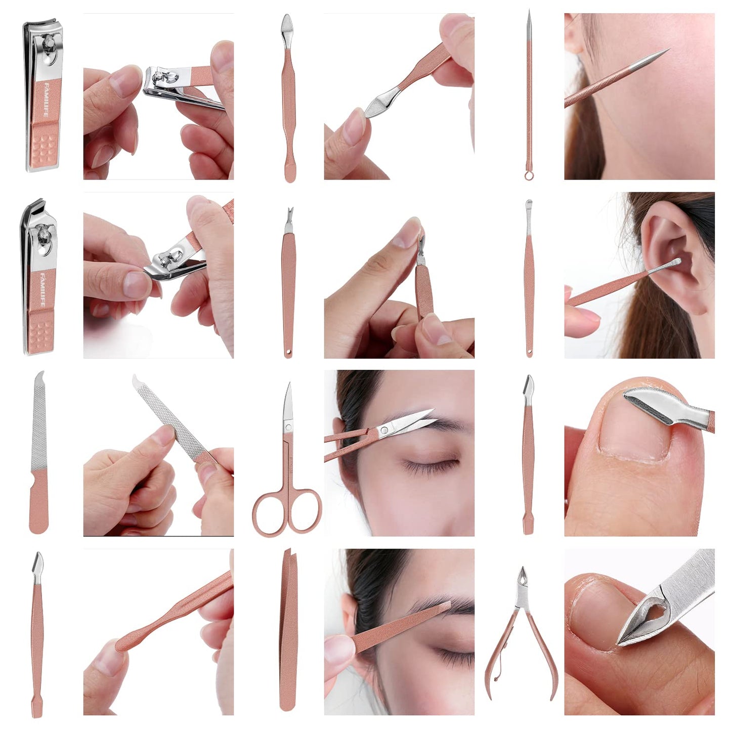 FAMILIFE Manicure Set, Professional Nail Kit Stainless Steel Nail Clipper Set, 13PCS Beauty Tools Manicure Kit Pedicure Tools, with Portable Pink Leather Travel Case for Her