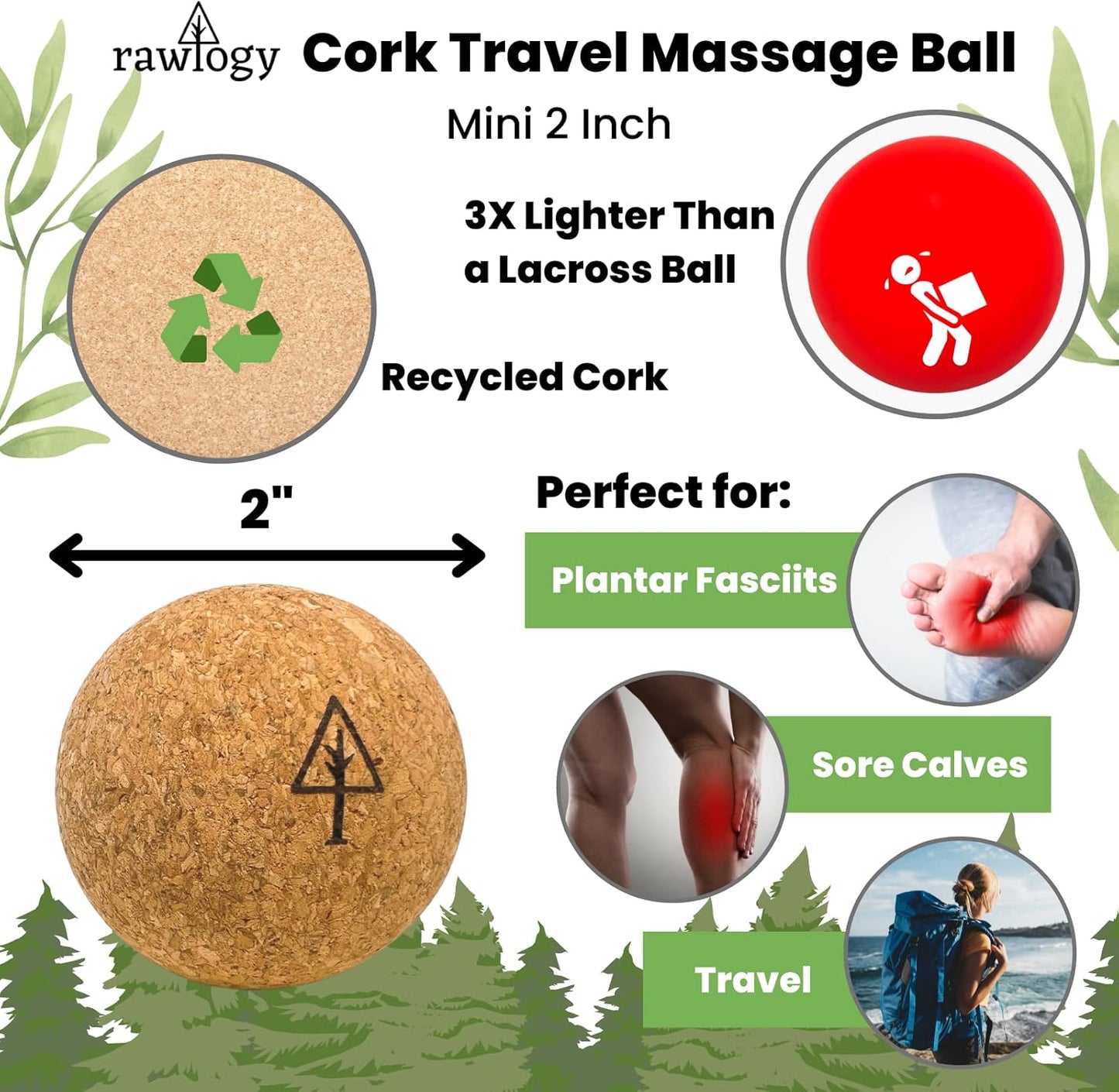 Travel Cork Massage Ball | Lightweight, Sustainable Alternative to Lacrosse Ball for Muscle Pain Relief (1.9 Inch (Pack of 1), Sanded Cork)