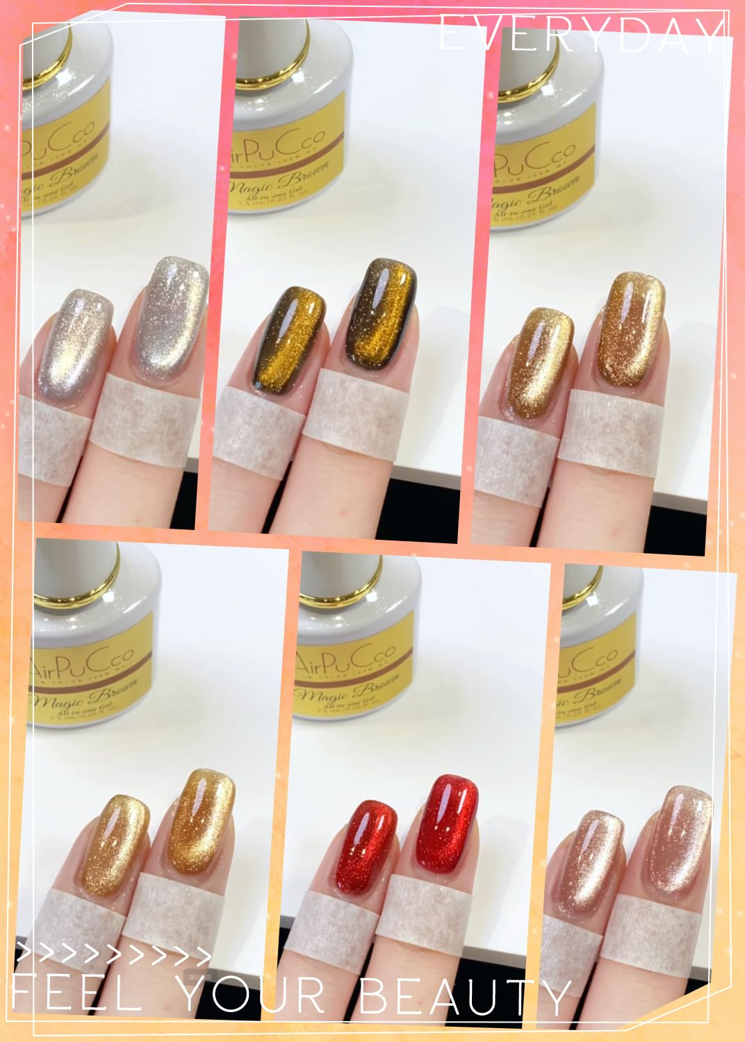 All-in-One Cat Eye Gel Nail Polish Kit, 6 Colors in Luxury Metallic Tones(Brown & Amber Gold, Red, Silver, Nude Pink), Soak Off Nail Art Set for Home DIY Manicure, Ultra-Portable Design