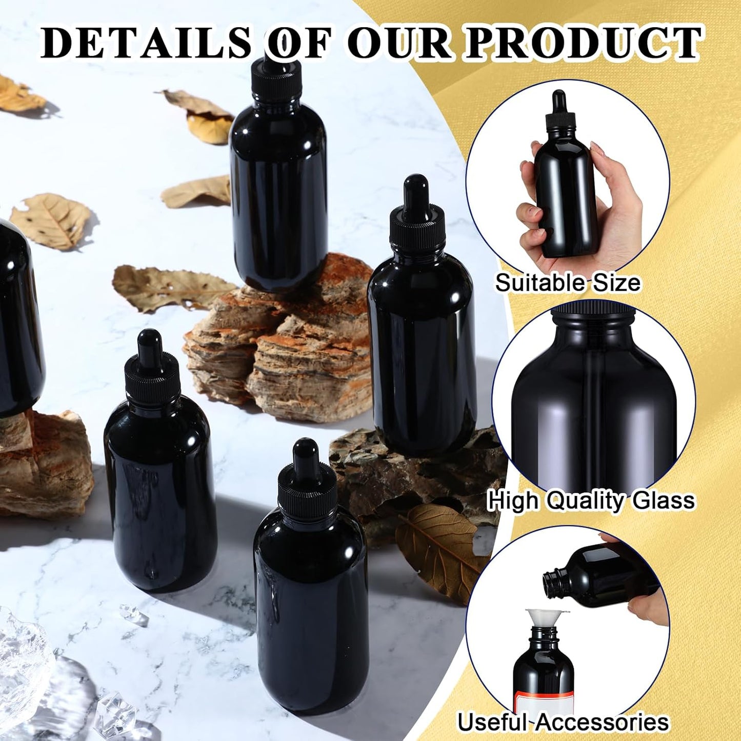 Dandat 50 Pack 4 oz Glass Dropper Bottles Leakproof 120 ml Glass Tincture Bottles with Eye Droppers, 4 Funnels, 54 Labels for Essential Oil Perfumes Hair Oil(Black)