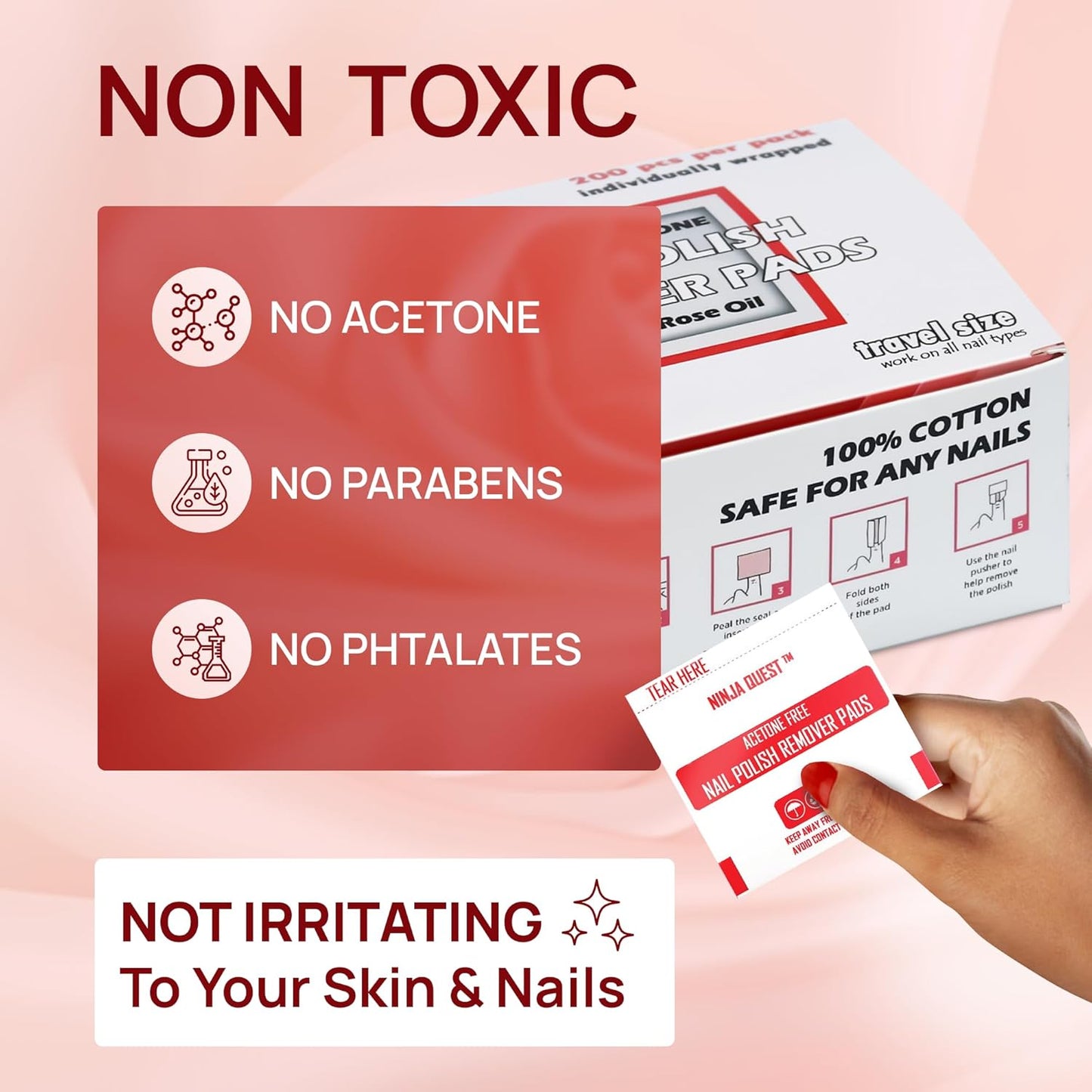 Nail Polish Remover Pads 100% Non Acetone - 200 Pack of Individually Wrapped Bulk Set Gel Nail Polish Remover Wipes - Fingernail Travel Kit to Clear Nail Polish for Home & Professional Removal