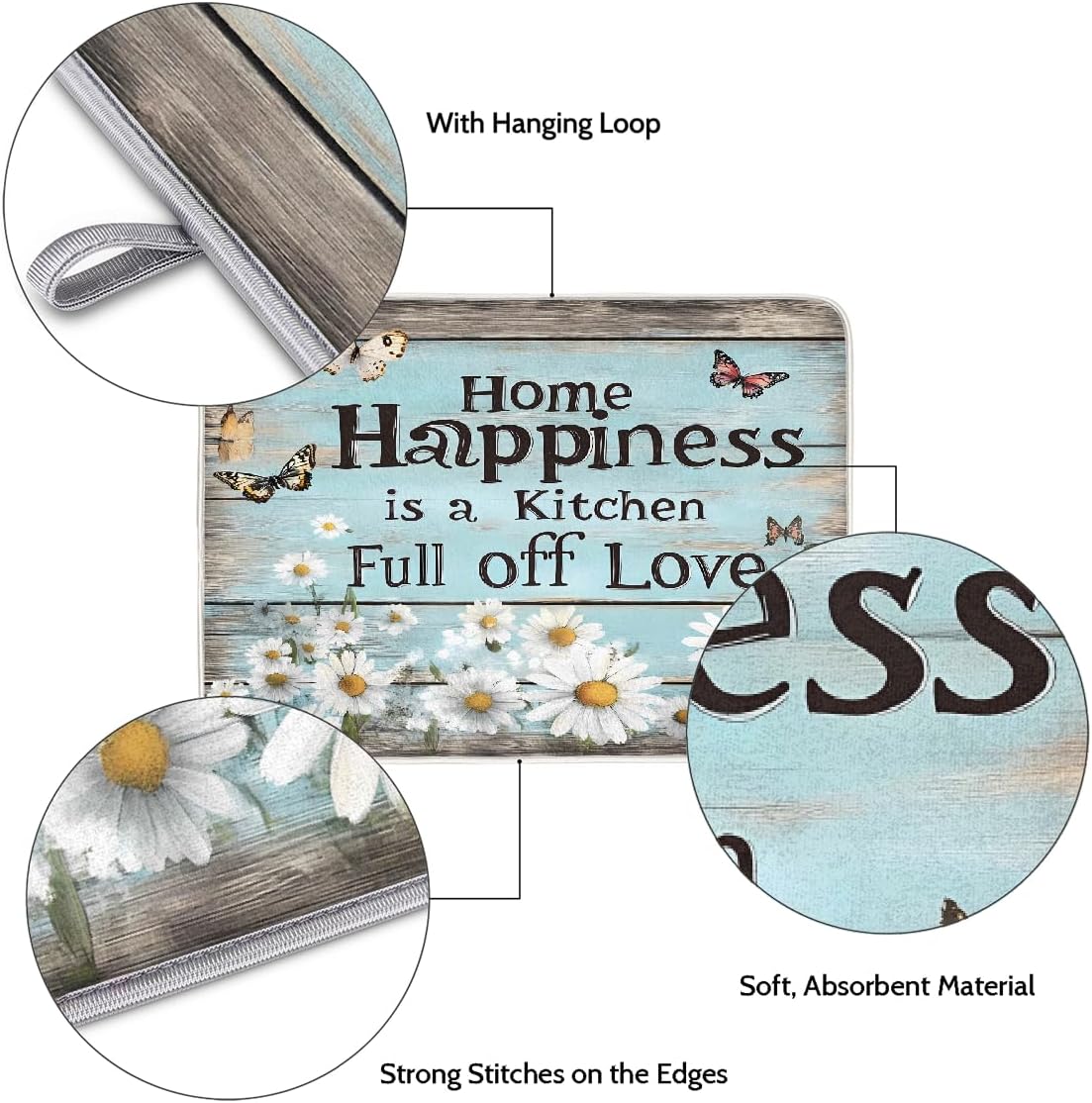 Dish Drying Mat Rustic Wood Quote Daisy Flowers Large Drying Mat for Kitchen Counter 18x24in Absorbent Dish Drainer Rack Pad, Heat Resistant Coffee Bar Mats Countertop Protector