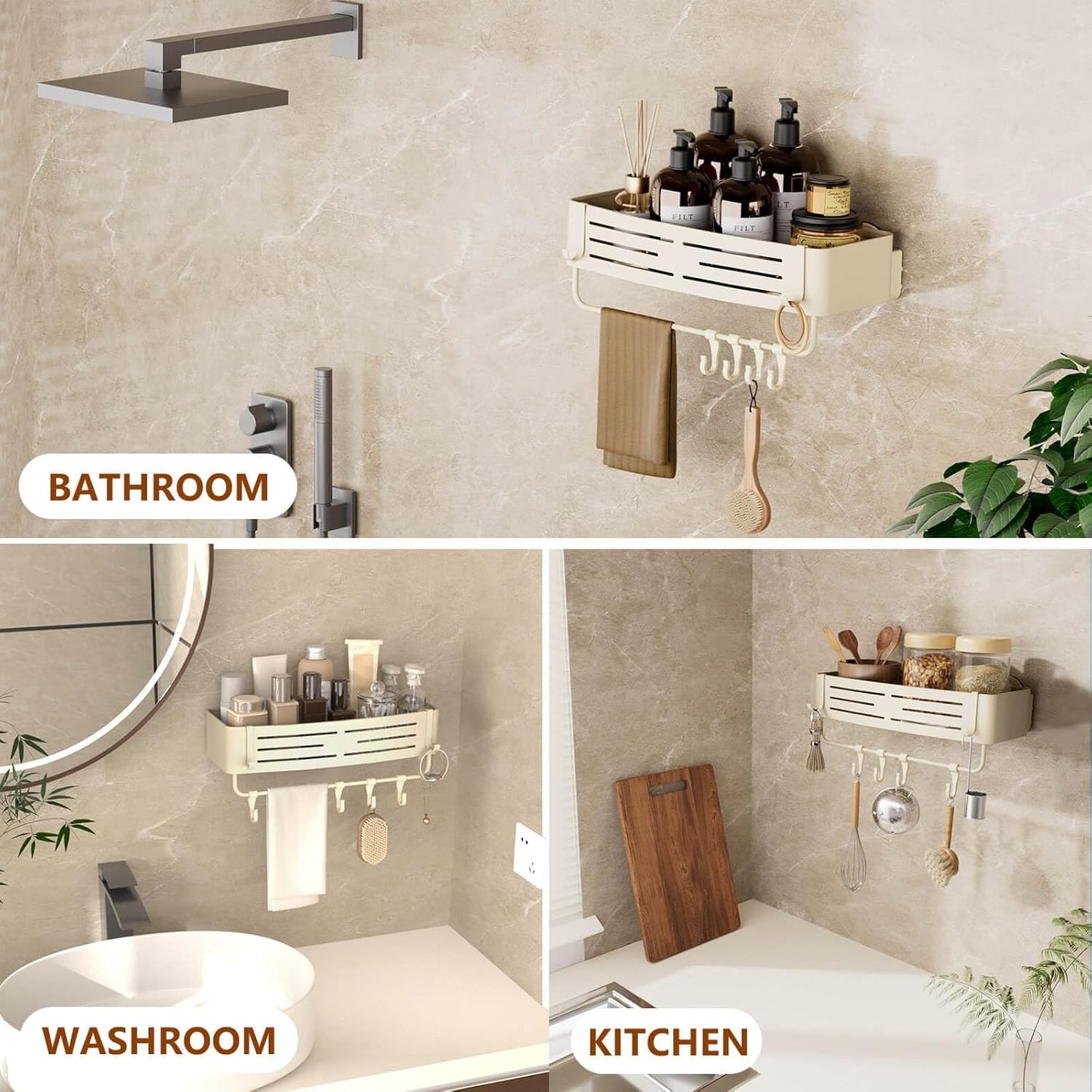 Onemake Aluminum Shower Caddy Suction Cup, No Drilling Bathroom Shower Shelf, Corner Shower Caddy with 6 Portable Hooks, Removable Bath Organizer with Towel Bar for Bathroom Storage(Cream White)