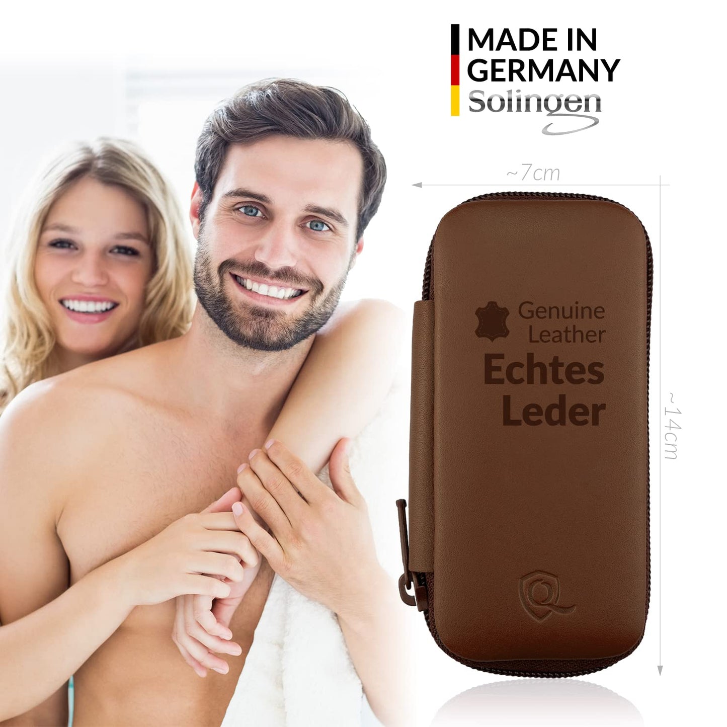 Manicure Set Solingen Made in Germany - 7 Piece Exclusive Finger & Toe Nail Clippers Kit for Women and Men in Real Leather Case, Color Brown