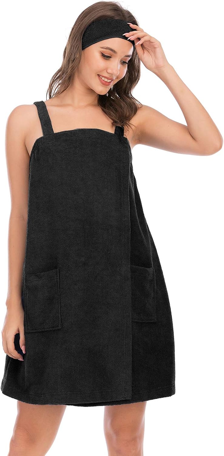 Veseacky Women Bath Wrap Towel for Womens Shower with Pocket Adjustable Spa Robe & Facial Headband
