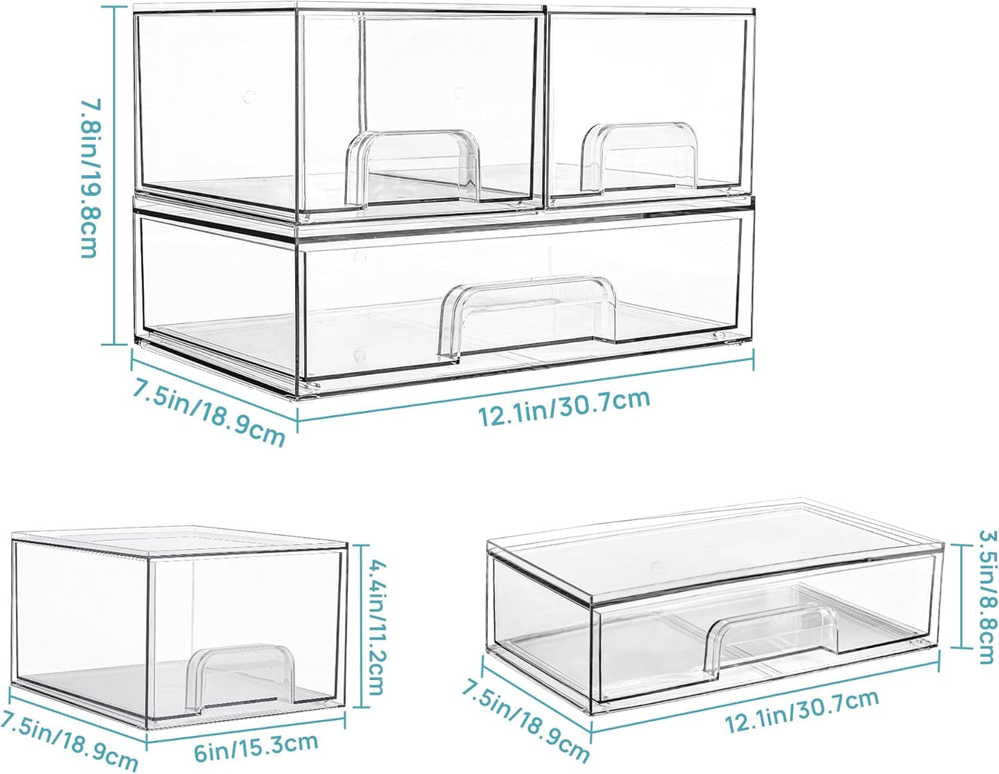 Vtopmart Stackable Storage Drawers Set of 3,Clear Plastic Organizer Bins for Makeup, Cosmetics, Beauty Supplies,Ideal for Vanity, Bathroom,Cabinet,Pantry Organization