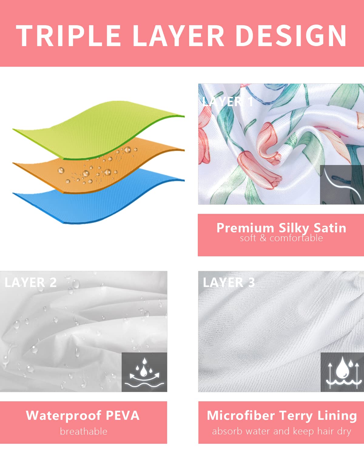 Shower Cap, Terry lined Reusable shower caps, Large Shower Cap for Women, Waterproof Hair cap Triple Layer Shower Caps for Long Thick Hair