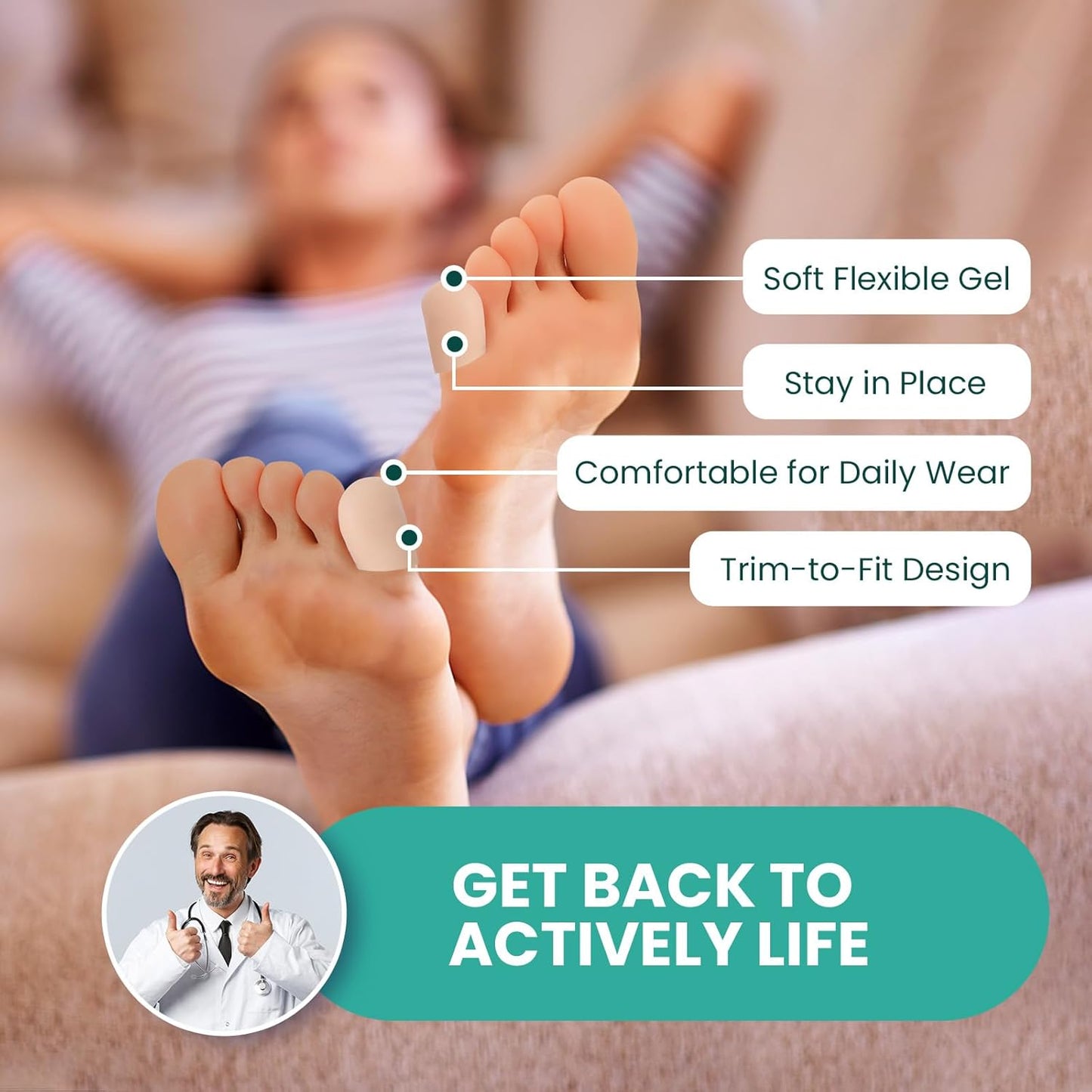 Welnove Gel Toe Cap and Protector - Silicone Toe Covers - Toe Cushions for Pain Relief, Missing or Ingrown Toenails, Corns, Calluses, Blisters (8 Small, Beige)