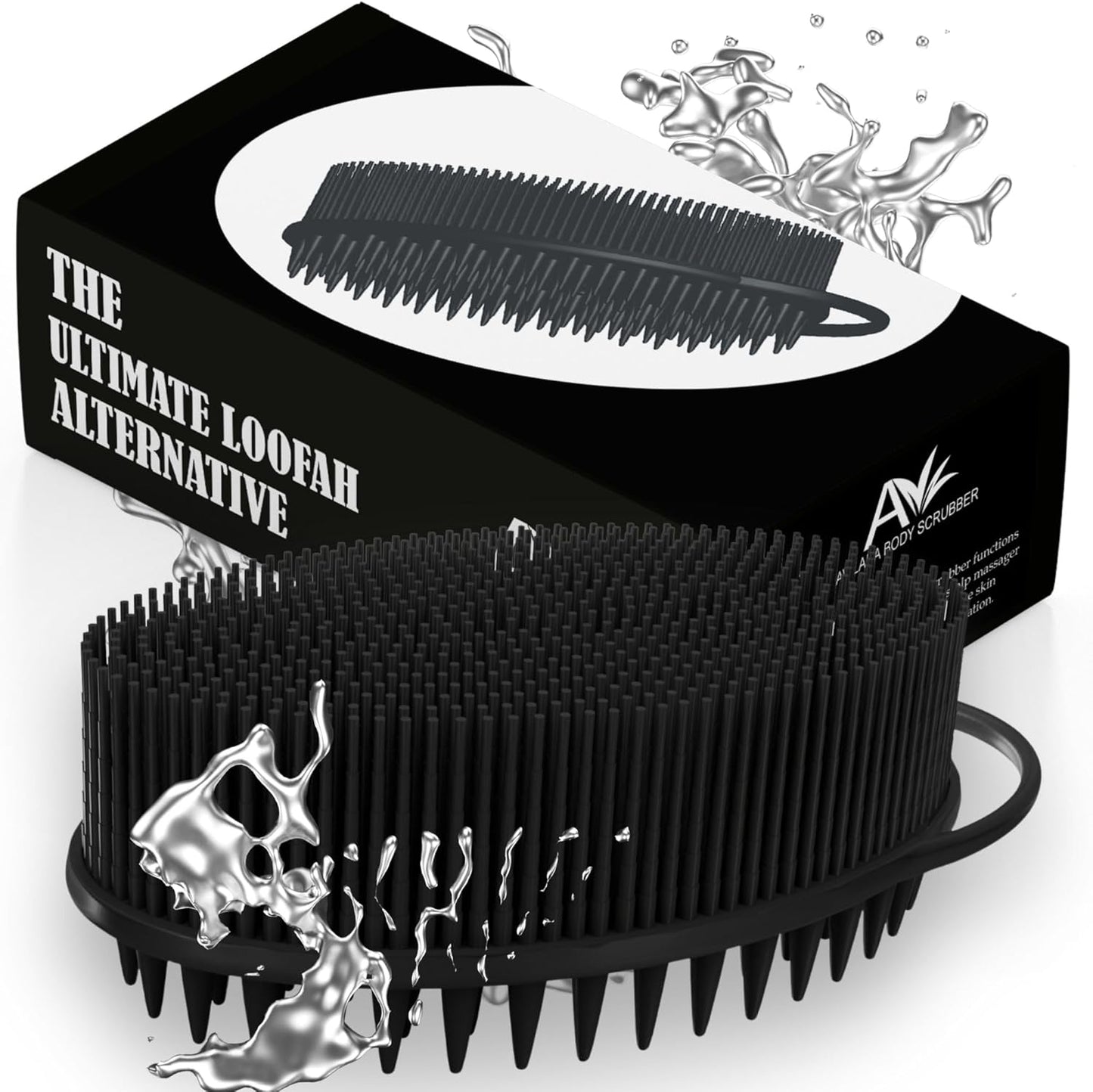 Avilana Silicone Body Scrubber - Food Grade & Lab Tested, Gentle Exfoliating Shower Brush for All Skin Types, Hygienic Quick-Dry Loofah Alternative (Black, Scalp-Silver)