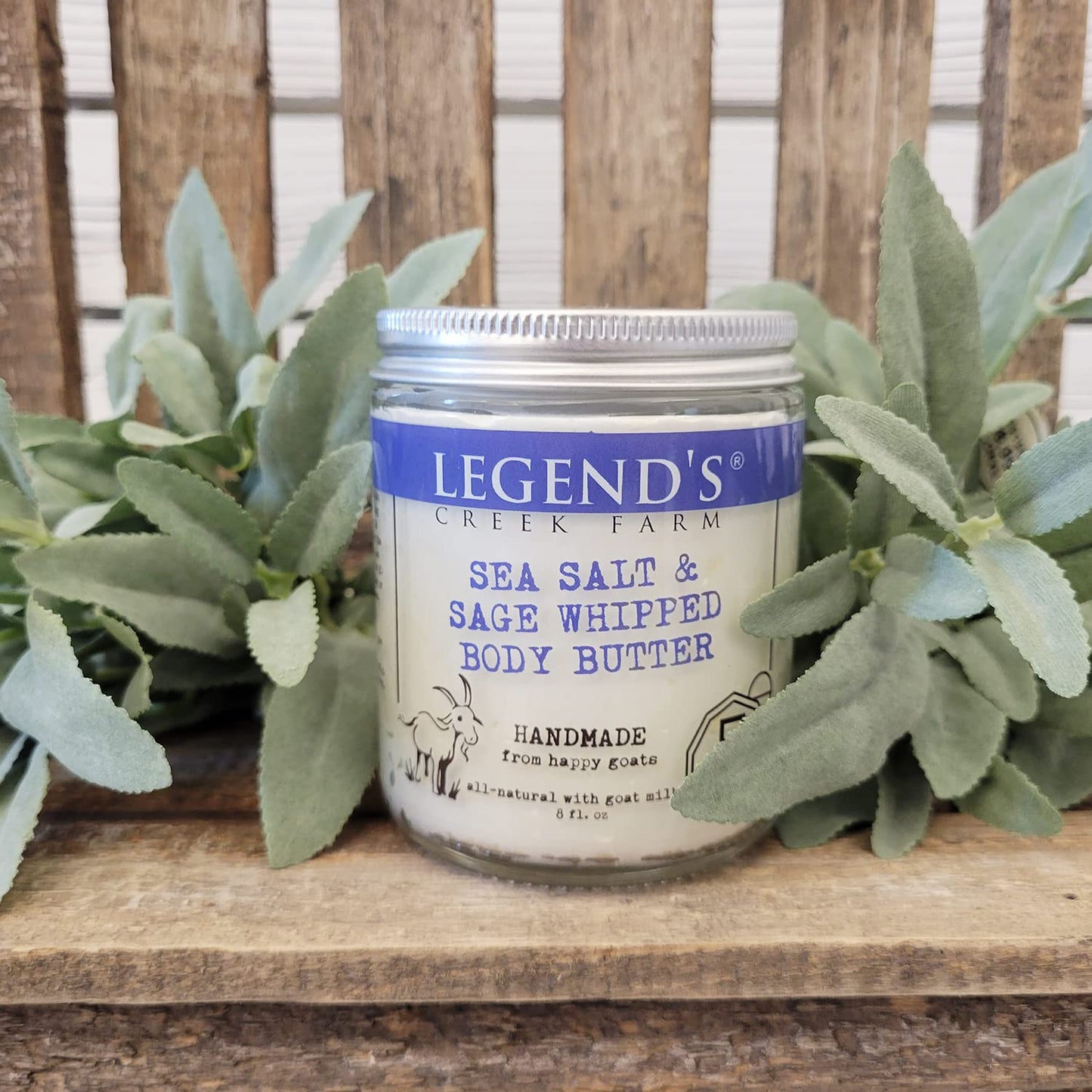 Legend's Creek Farm, Goat Milk Body Butter - Hydrating Natural Body Moisturizer with Organic Shea Butter & Grape Seed Oil - 8 Oz Purifying & Toning Whipped Body Butter (Sea Salt & Sage)