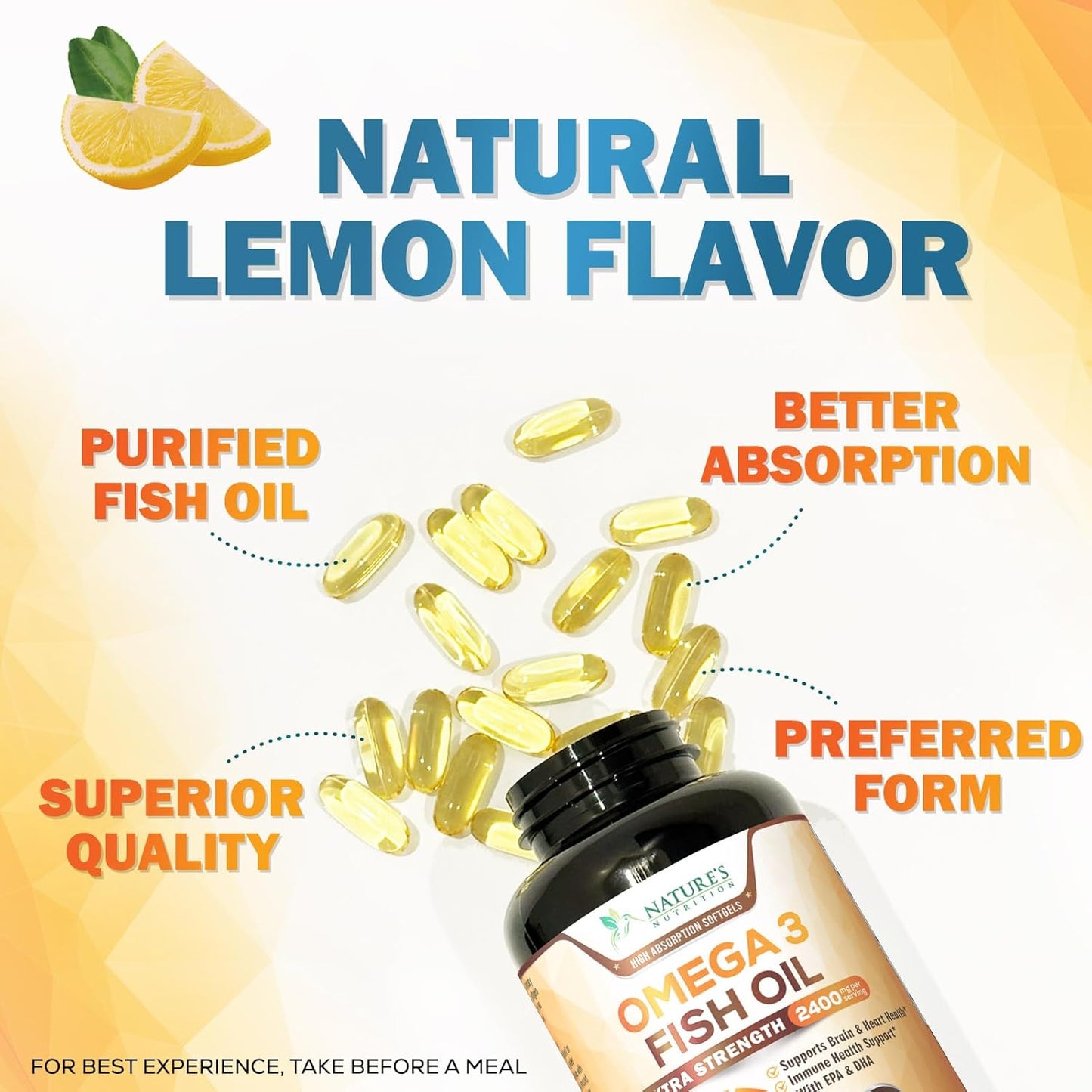 Omega 3 Fish Oil 2400 mg – Triple Strength EPA & DHA Fatty Acids for Heart, Brain & Joint Support – Wild-Caught, Burpless, Lemon Flavor Supplement – Natural, Non-GMO, Gluten-Free – 180 Softgels