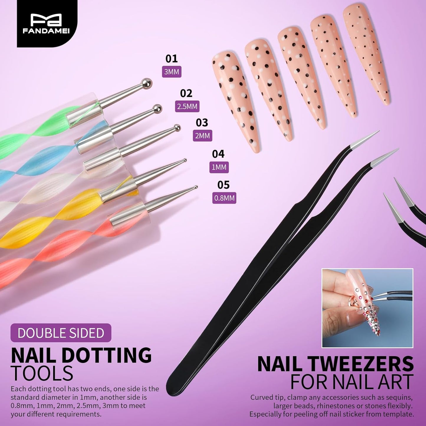 FANDAMEI Nail Art Tools, Acrylic Nail Brush, Nail Stand, Nail Gems And Rhinestones, Nail Holder For Painting Nails, 15 PCS Nail Art Brushes, Nail Dotting Tool, Nail Tools, Nail Design Tools