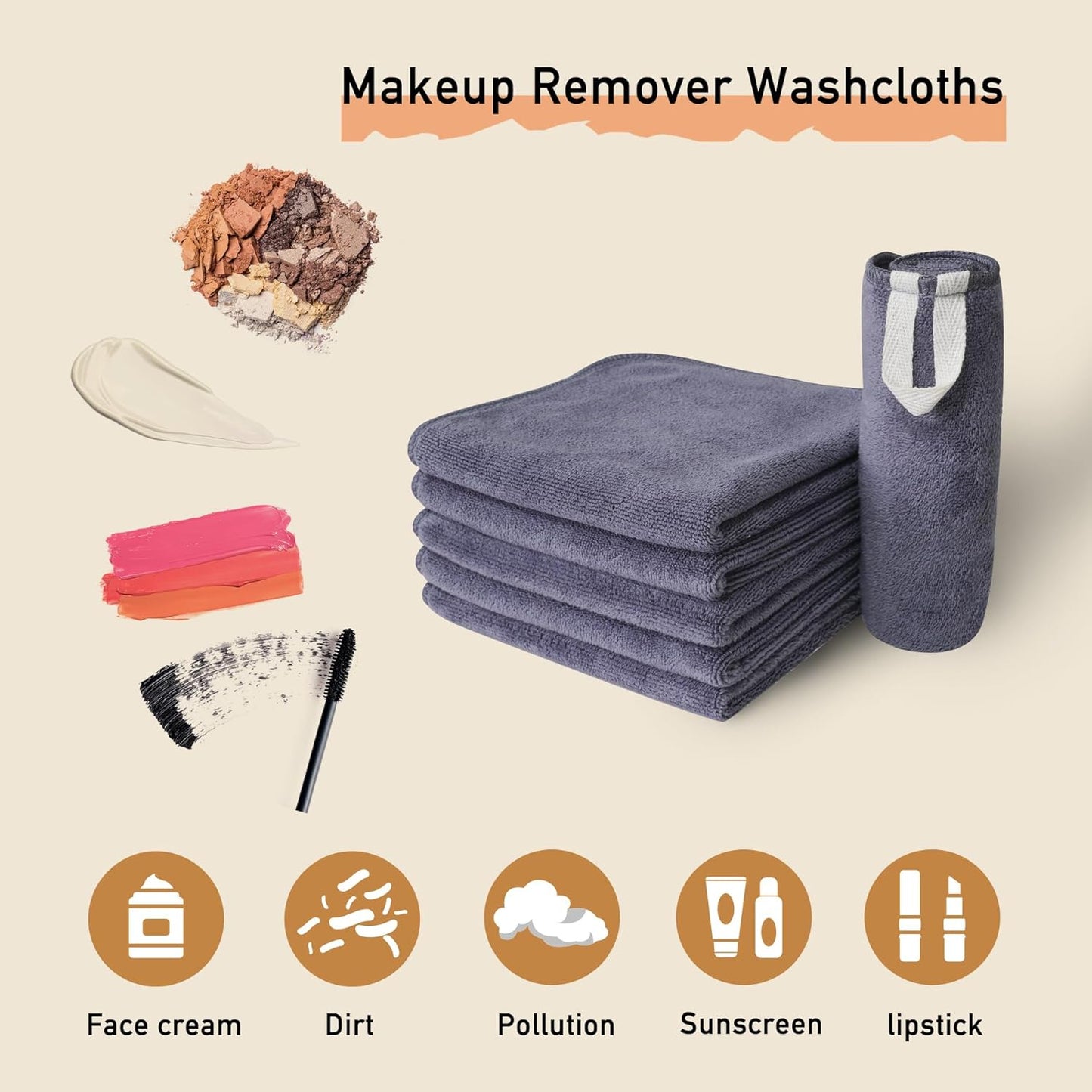 Makeup Remover Cloth, 12 x 12 Inch Microfiber Makeup Remover Towels Erase Makeup with Just Water, Reusable Grey Microfiber Face Towels Washcloths