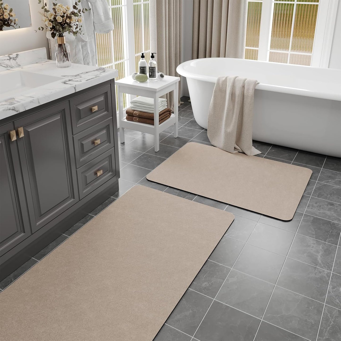 Bathroom Mat Rugs Sets 2 Piece - Quick Dry Super Absorbent Bath Mat for Bathroom Diatomaceous Earth Bathroom Rugs with Rubber Backing Non-Slip Bath Mat Rugs for Shower Floor, 47x17 + 24x17, Taupe
