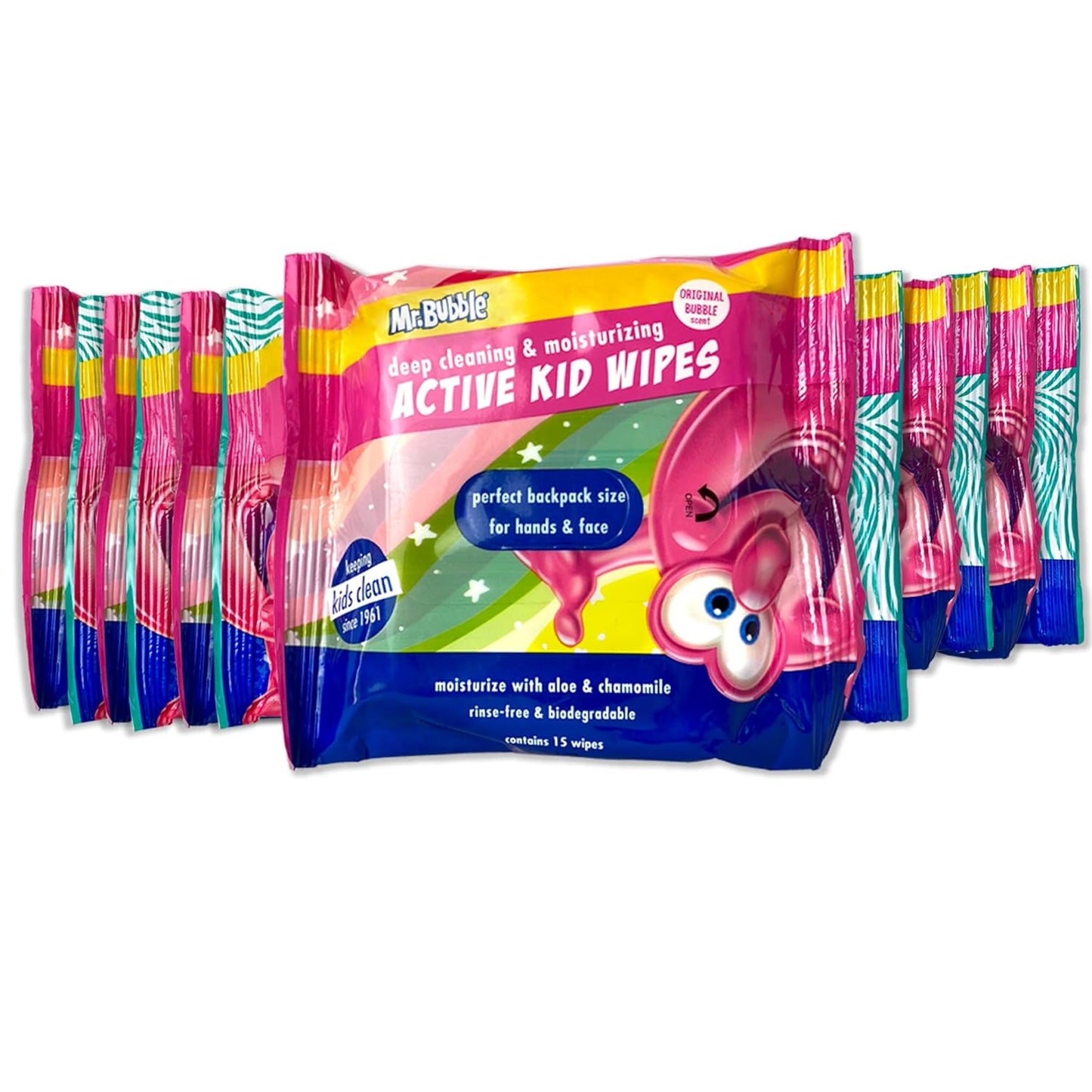 Mr. Bubble Moisturizing Kids Gentle Face and Hand Wipes, Travel Size Biodegradable Deep Cleaning Towelettes Made with Hydrating Aloe Vera and Chamomile (Pack of 12 Pouches, 15 Wipes Each)