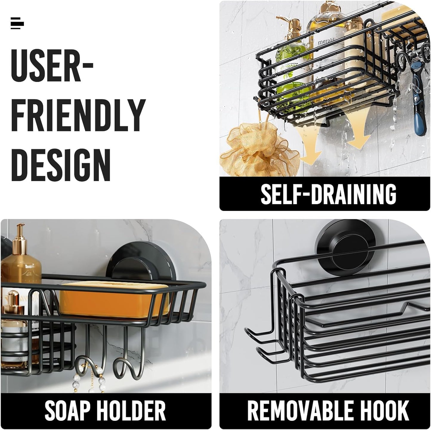 LEVERLOC Shower Caddy Suction Cup, Suction Caddy with Hooks and Soap Holder for Bathroom, No-Drilling Bathroom Shower Organizer, Black