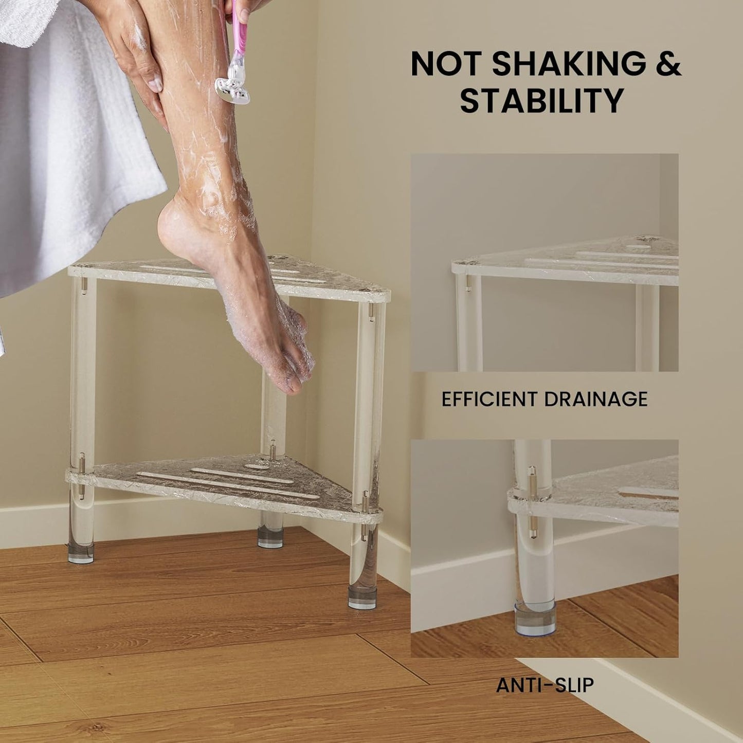 Acrylic Corner Shower Stool for Shaving Legs 11.42" D X 11.42" W X 14.37" H, Triangle Shower Foot Rest with Storage Shelf, Heavy Duty, for Inside Shower (Water Ripple Texture)