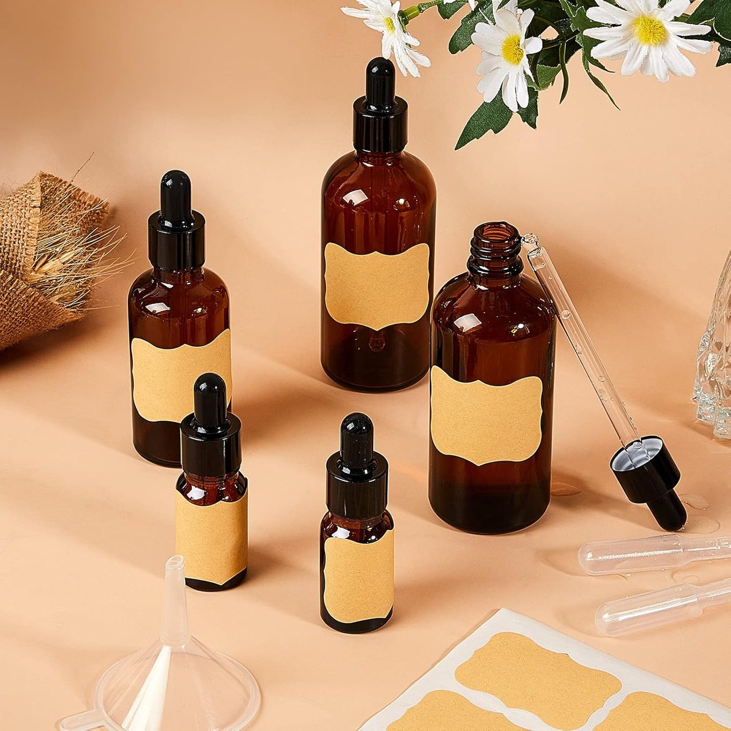 Lallisa 100 Pack Essential Oil Dropper Bottle 10 ml (1/3 Oz) Glass Dropper Bottles DIY for Diy essential Oil Perfume with 5 Funnels 5 Pipettes 3ml 100 Labels for Bathrooms, Hotels, Labs (Amber)