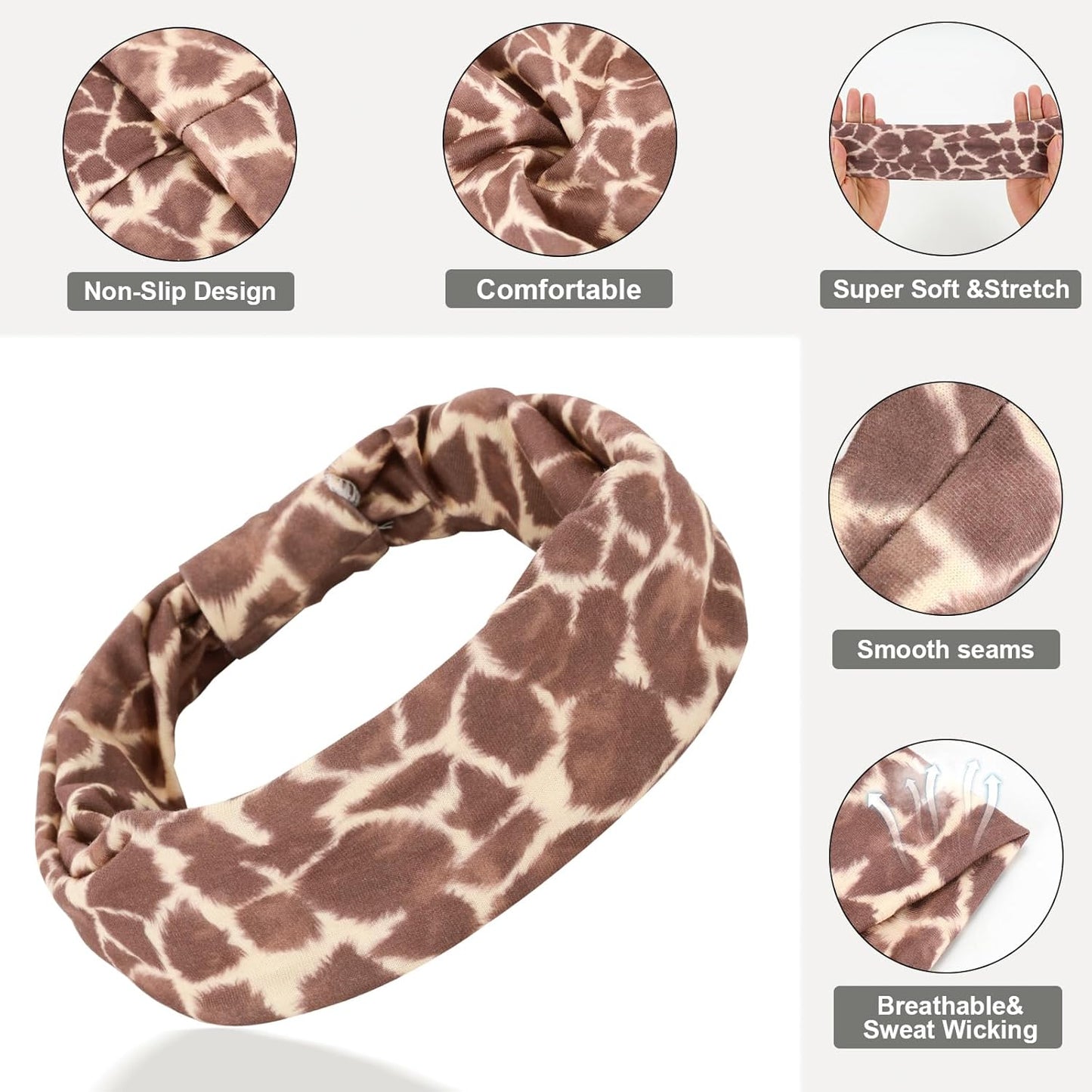 Cobahom 6Pcs Wide Headbands for Women Non Slip Soft Fabric Hair Wrap Boho Head Bands Elastic Sport Hair Bands for Workout Yoga Running (Animal Pattern)