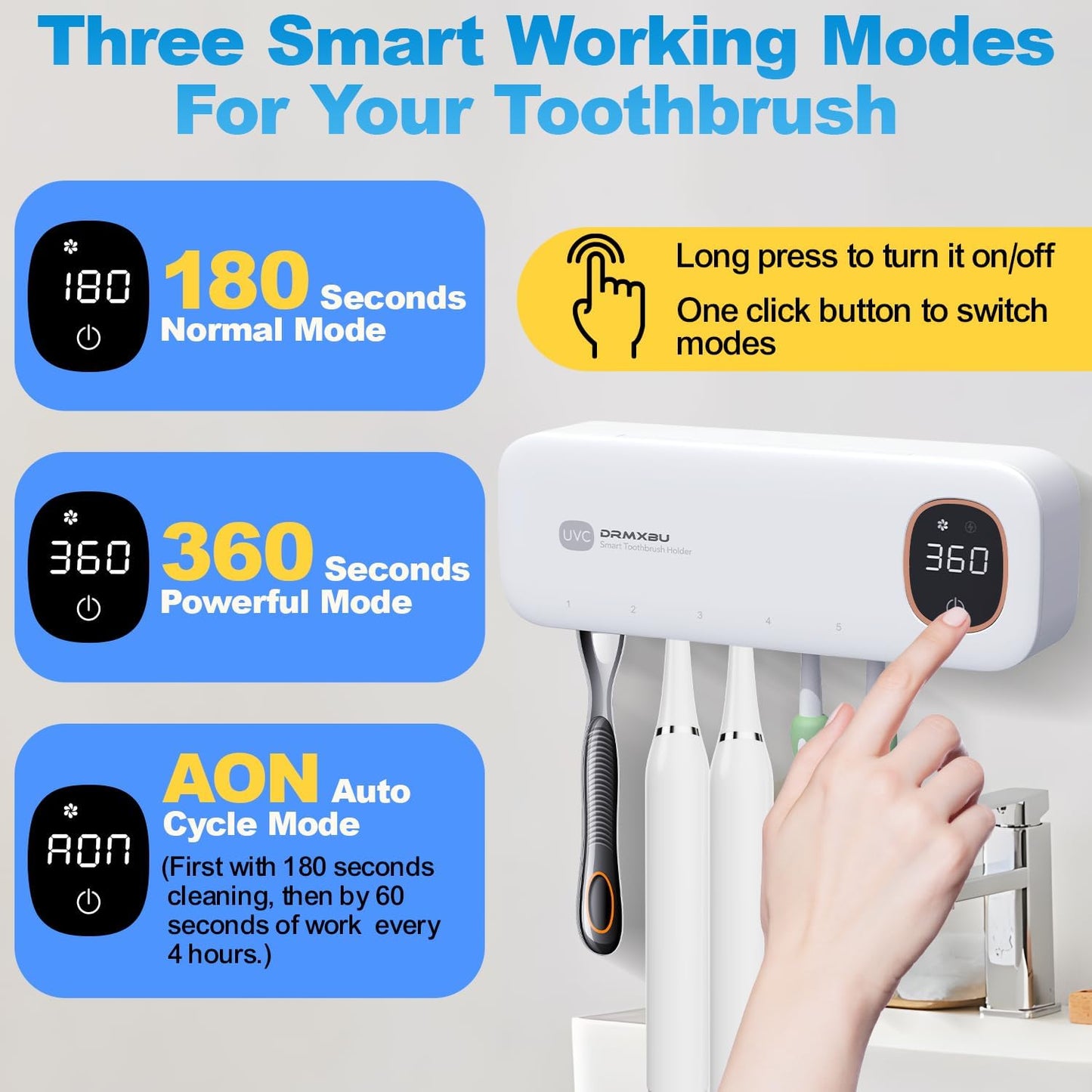 Toothbrush Sanitizer and Holder, DRMXBU Toothbrush Holders for Bathrooms with Light Clean Air Dry, Rechargeable Toothbrush Holders Wall Mounted with 5 Slots, Timer Function Tooth Brush Cleaner Case