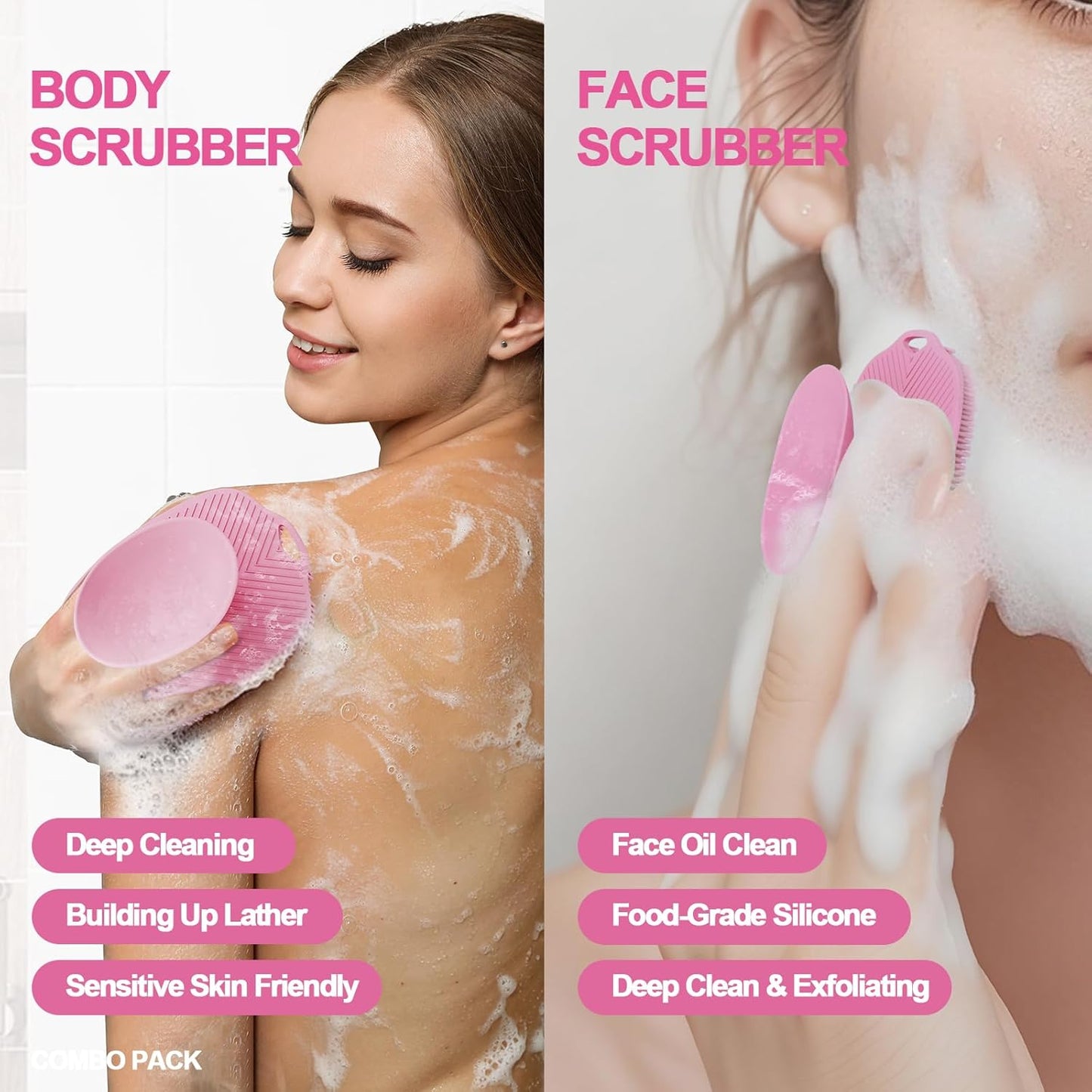 Soft Silicone Body Scrubber, Gentle Like a Hand Exfoliating Your Skin and Build Up Lather, Back Large Suction Cup Easy to Store, & Deep Clean (Body Scrubber + Face Scrubber Pink)