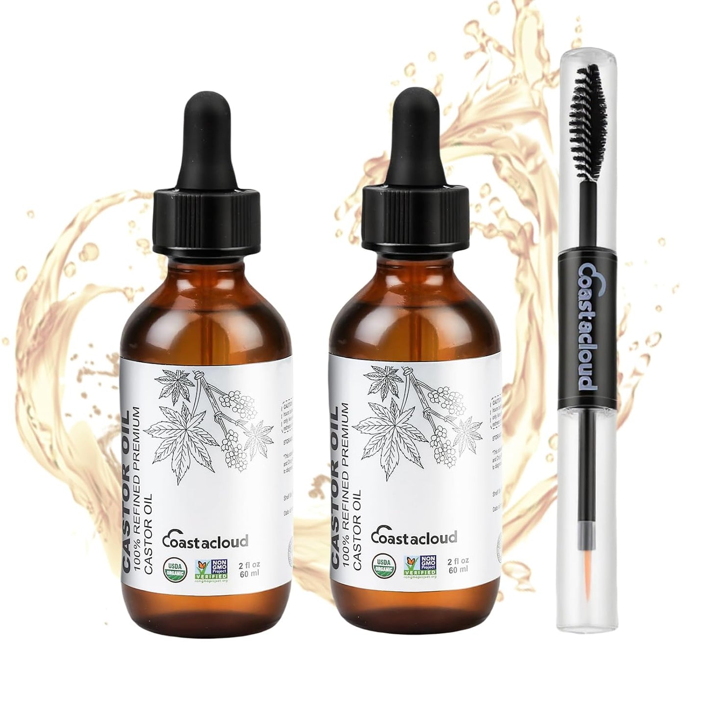 Castor Oil Organic 2oz x 2PCS with Mascara Tube, 100% Pure Hexane-Free Lash Serum, Eyebrow Eyelash Growth Serum for Nail Hair Care, Skin Moisturizer, Glass Dropper Bottle