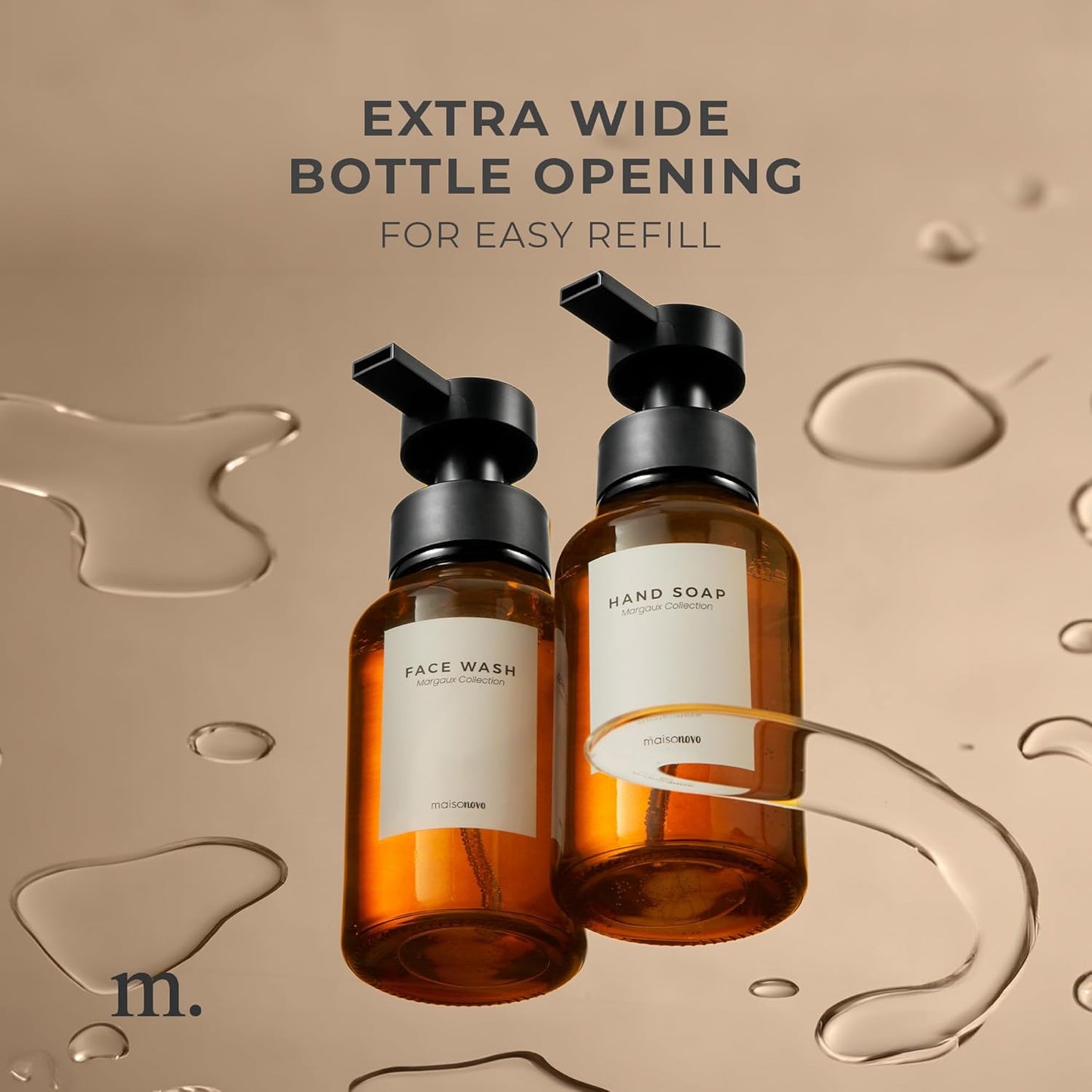 MaisoNovo Glass Foaming Soap Dispenser 14 Oz | Amber Glass Black Pumps x 2 with Tray