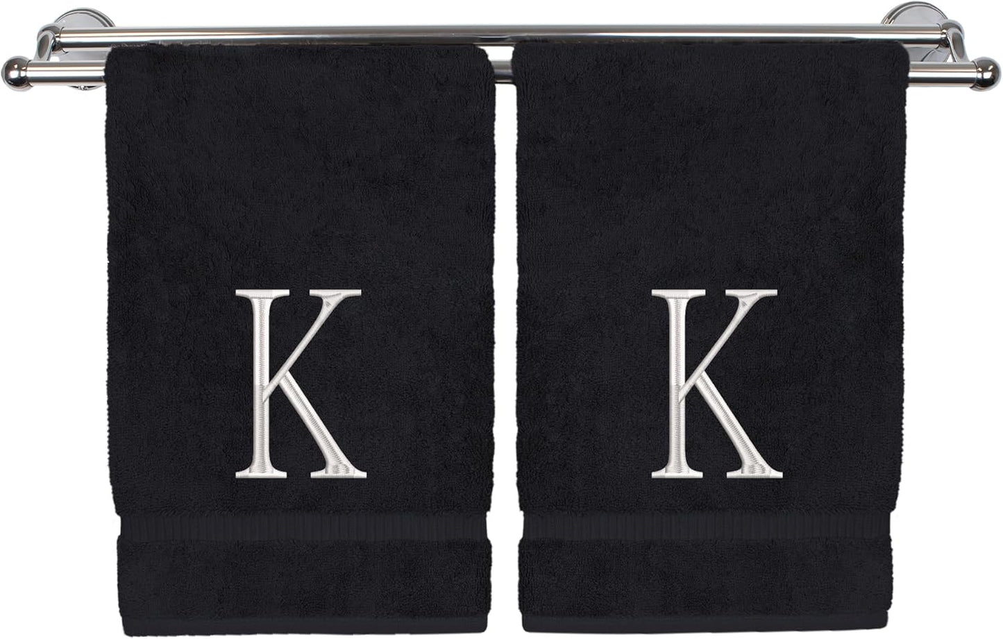 Monogrammed Hand Towel, Personalized Initial Gift, Extra Absorbent 100% Turkish Cotton - Soft Terry Finish - Set of 2 - White Block Initial K - Embroidered on Black Towels