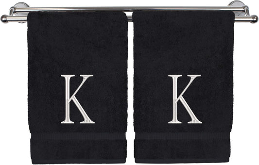 Monogrammed Hand Towel, Personalized Initial Gift, Extra Absorbent 100% Turkish Cotton - Soft Terry Finish - Set of 2 - White Block Initial K - Embroidered on Black Towels