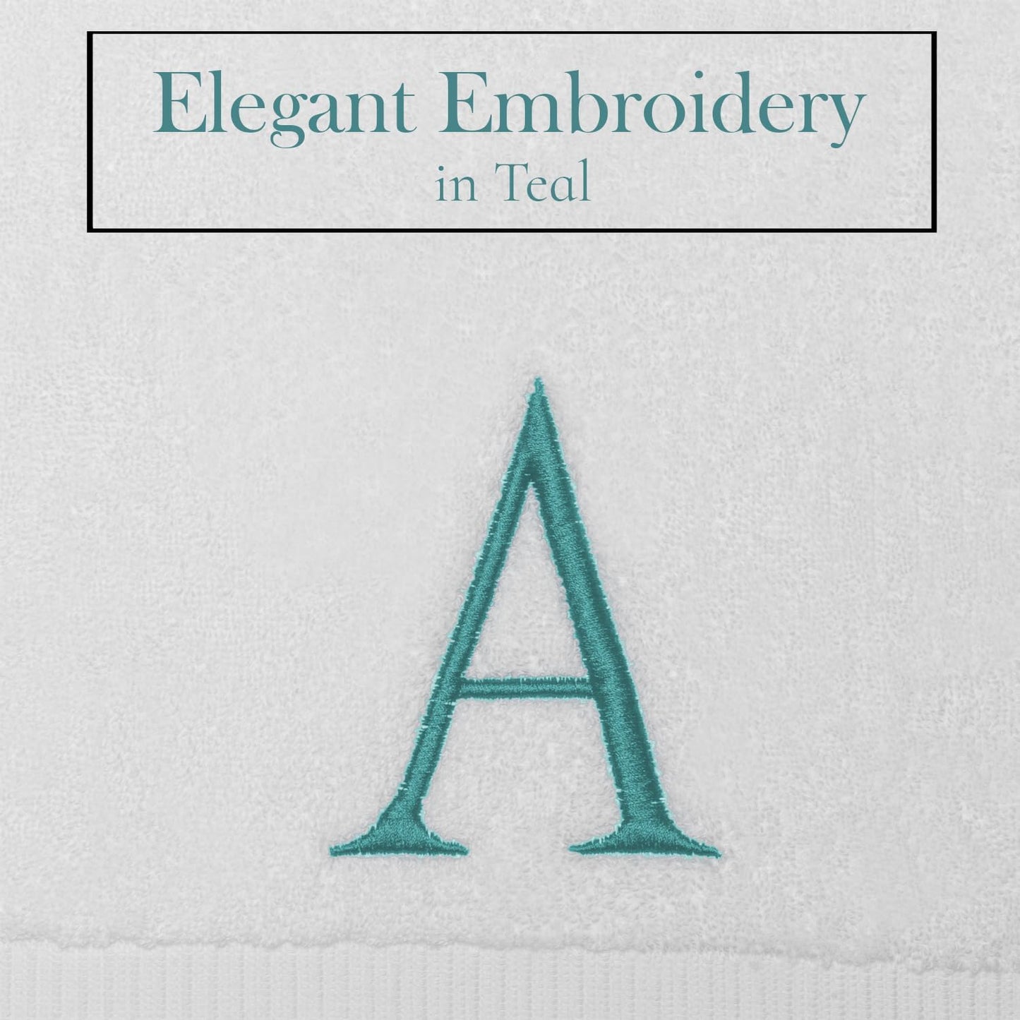 Teal Monogrammed Hand Towels for Bathroom - Teal and White Luxury Hotel Quality Personalized Initial Decorative Embroidered Towel for Powder Room, Spa - GOTS Organic Certified - Set of 2 Letter A