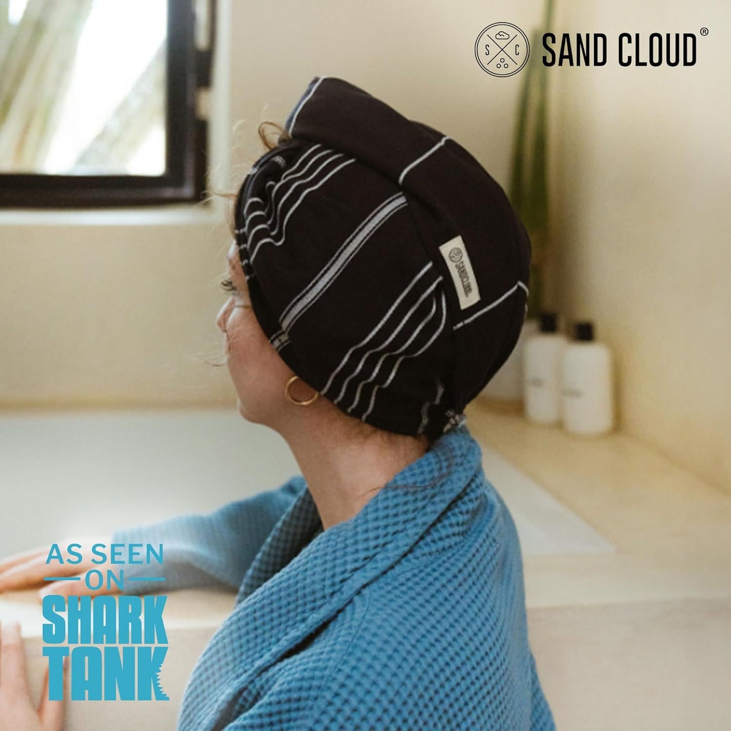 Sand Cloud Hair Towel Wrap for Women & Men, (Black, Classic) - 100% Turkish Cotton Quick Hair Drying Towel Wrap - Absorbent Half Terry Weave Hair Plop Head Towel Wrap with Binding Edge