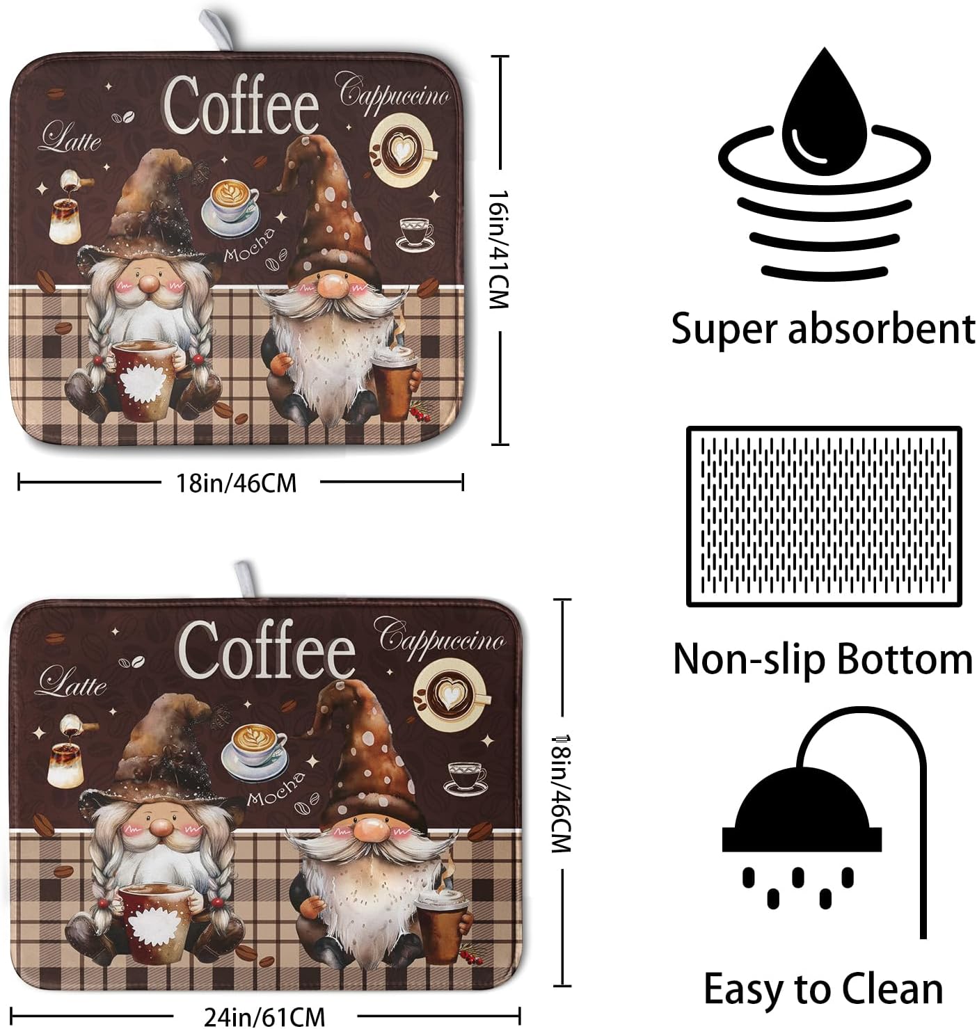 Chef Gnome Kitchen Dish Drying Mat for Kitchen Counter 18x24 Inch, Brown Buffalo Plaid Cooking Mocha Coffee Mat Reversible Microfiber Super Absorbent Quick Dry Rack Pad for Bar Sinks Home Decor