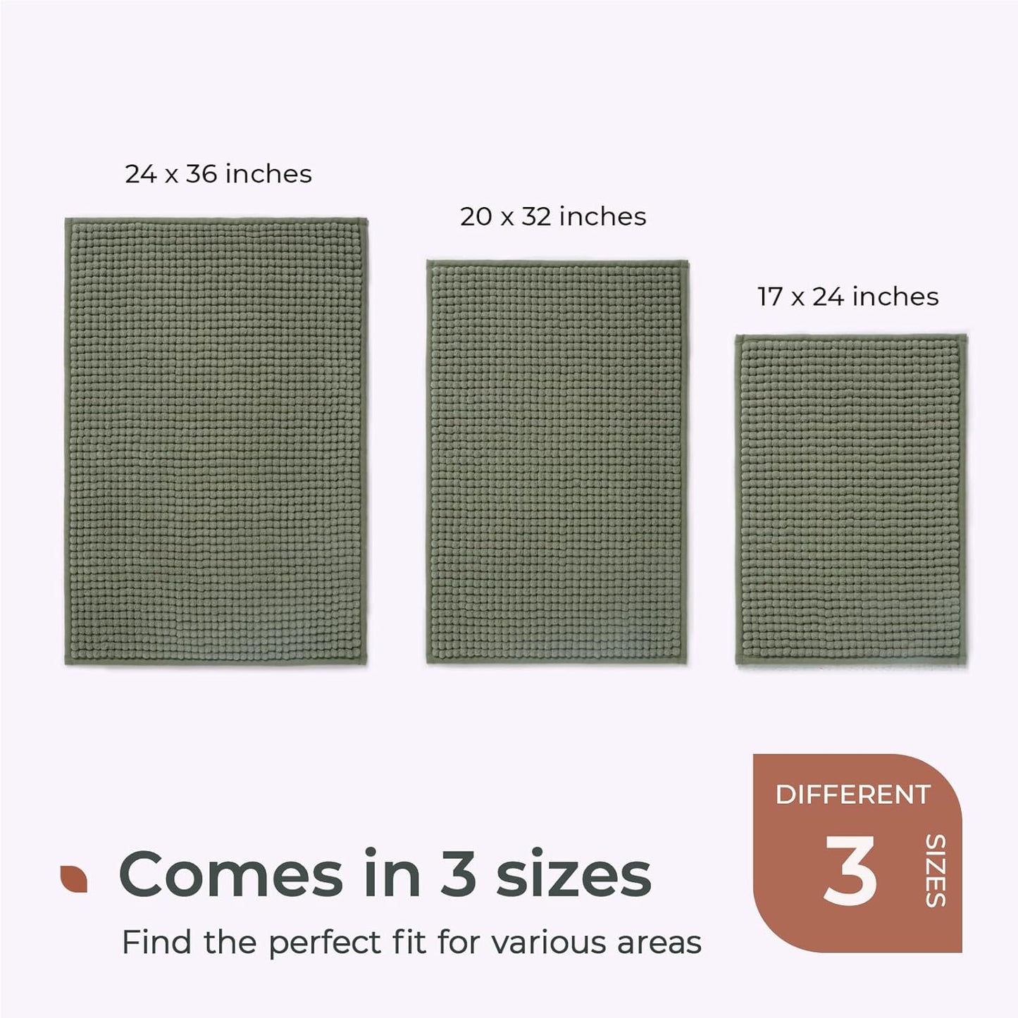 FRESHMINT Thick Chunky Chenille Bathroom Rugs 24"x36", Non Slip Bath Mat, Large Soft Bathroom Decor, Cute Shower Mat Water Absorbent, Washable, Sage Green