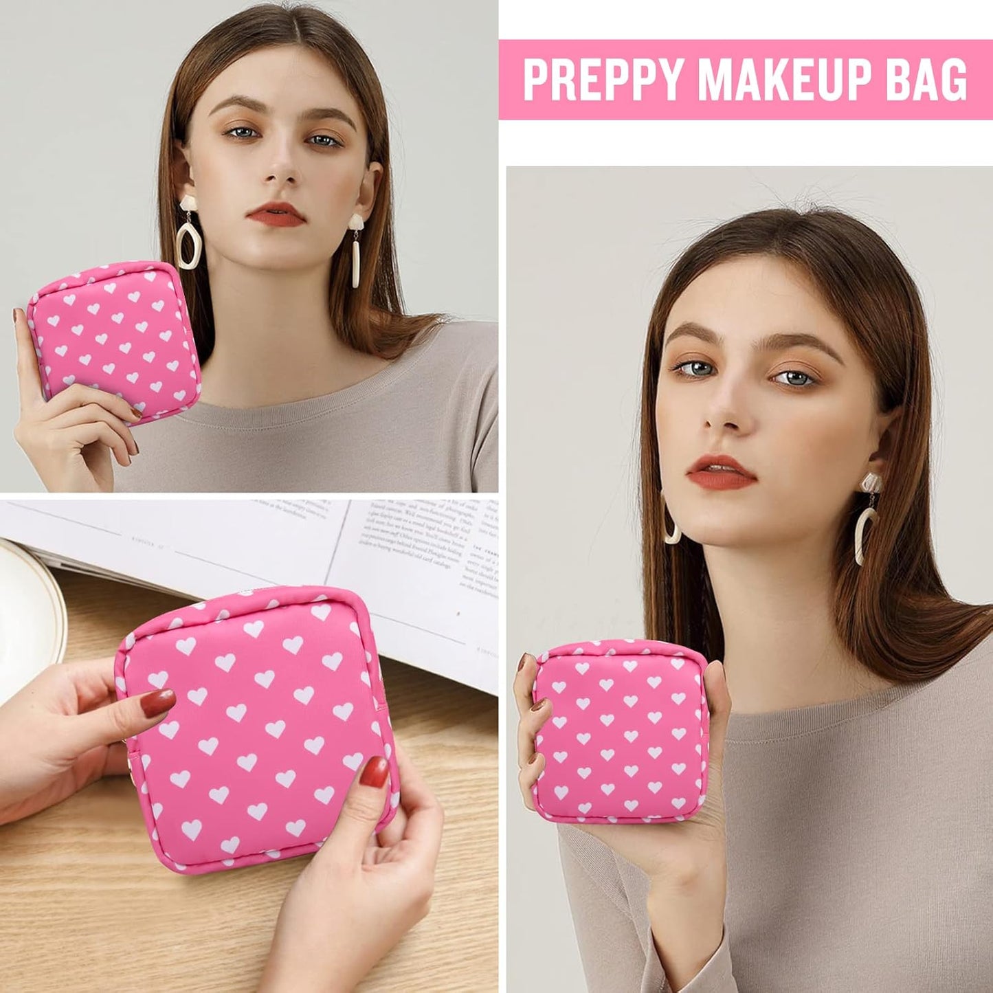 Nylon Mini Makeup Bag for Purse - Small Cute Cosmetic Zipper Pouch - Waterproof Travel Coin Pouch - Sanitary Napkin Storage - Make Up Organizer for Women & Girls (Pink Heart)