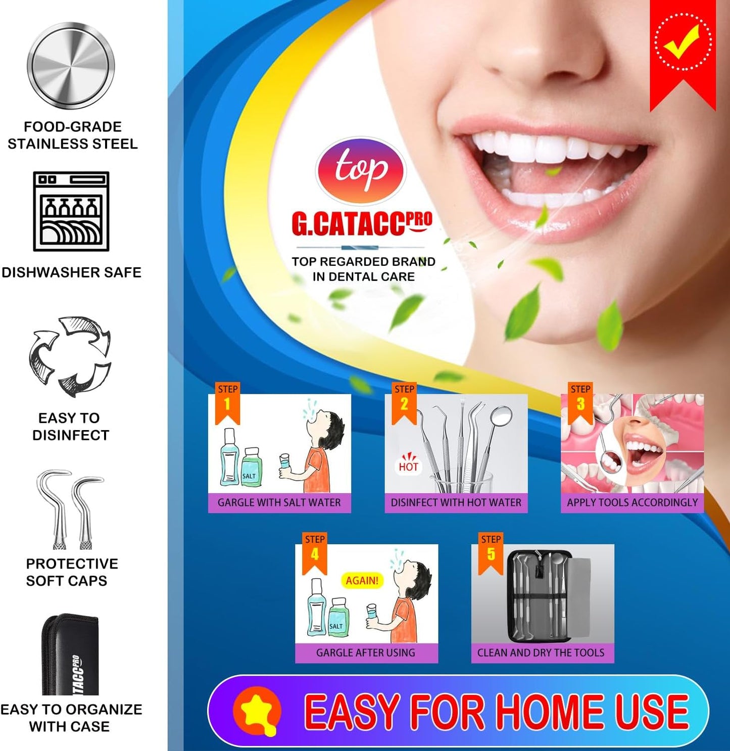 G.CATACC 10 Pack Dental Tools, Professional Plaque Remover for Teeth Cleaning Tools Set, Stainless Steel Hygiene Kit with Dental Pick Tooth Scraper Plaque Tartar Remover Tongue Cleaner - with Case