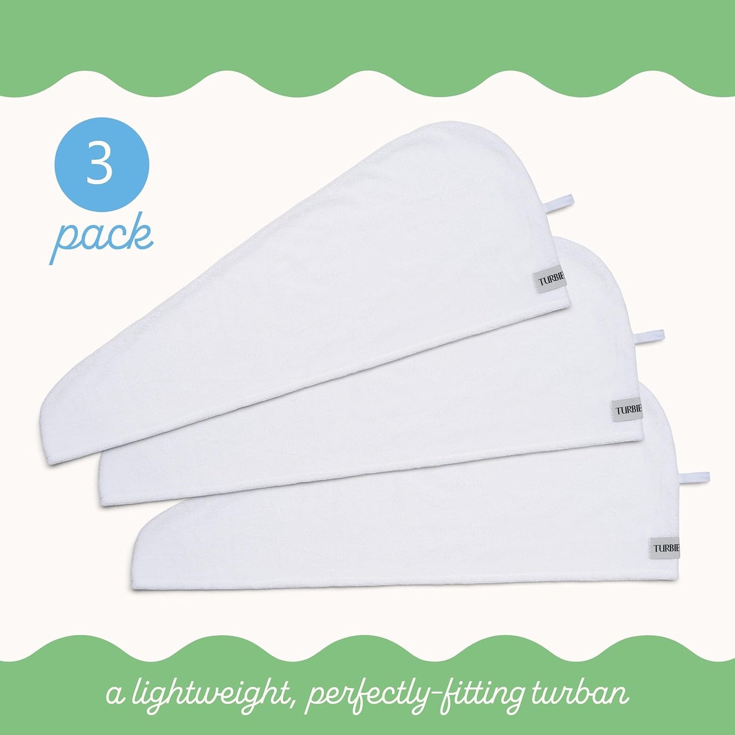 Turbie Twist 3-Pack Cotton Hair Towel Wrap for Beauty, Travel, Gifting - Fast-Drying Hair Turban for Luxurious Hair Care - For All Hair Types & Lengths - White