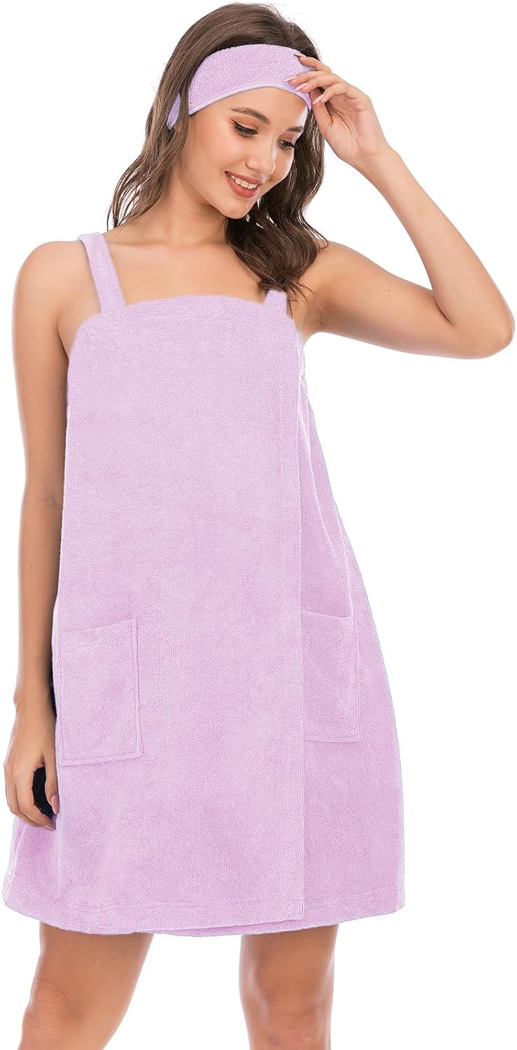 Veseacky Women Bath Wrap Towel for Womens Shower with Pocket Adjustable Spa Robe & Facial Headband