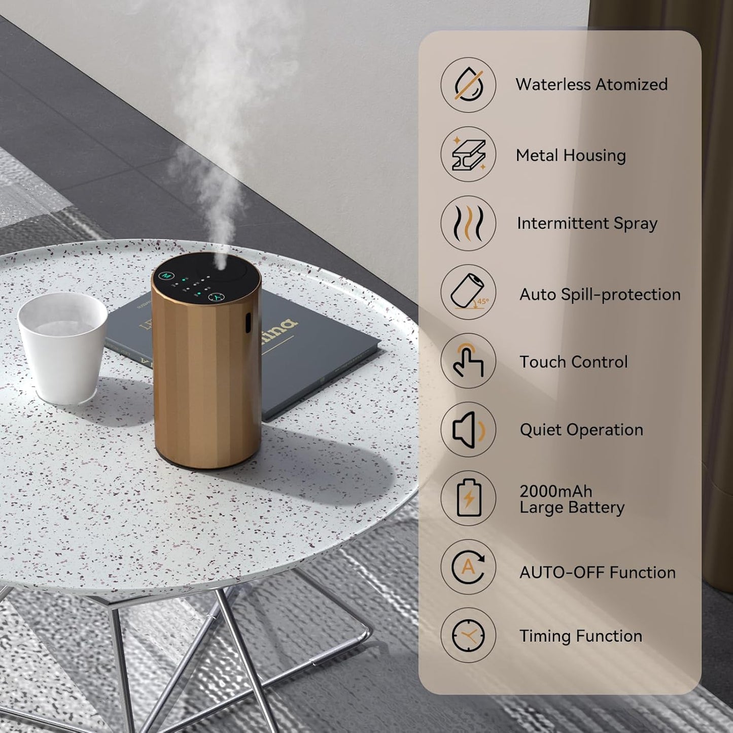 Waterless Essential Oil Diffuser Aromatherapy Scent Diffusers for Home Large Room, Bedroom, Car, Office, Desk, Battery Operated Mini Portable Air Freshener (Golden)