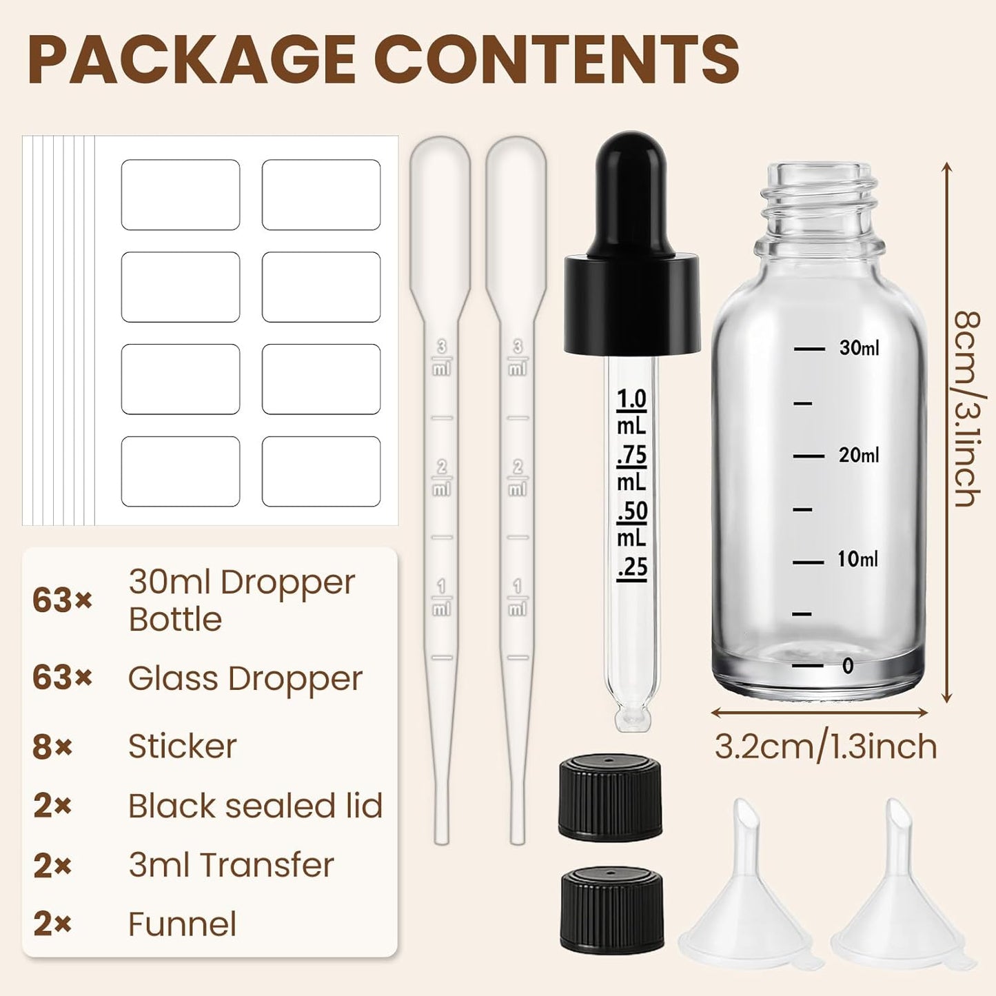 63 Pcs 1oz Clear Glass Dropper Bottles with Measurement, 30ml Leakproof Tincture Bottles with Funnels, Eye Droppers, Extra Caps & Labels, Refillable Empty Bottle for Tinctures, Essential Oils